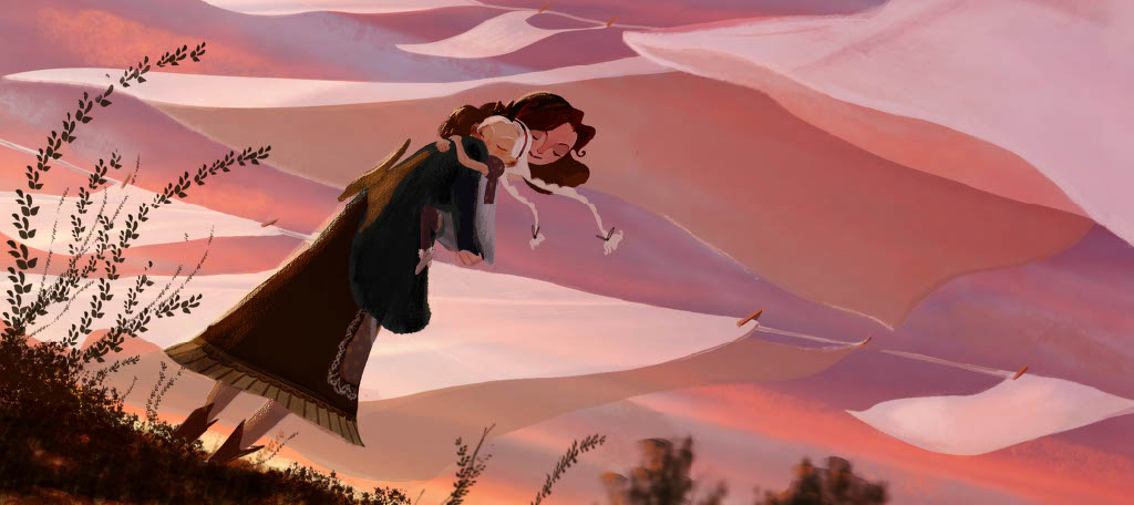 A woman with long hair leans forward on a hilltop, with a colorful sky in the background.