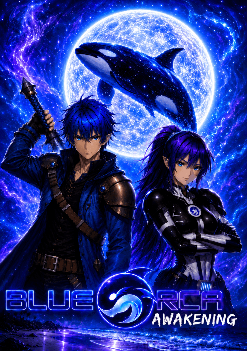 Two characters with blue hair and armor stand in front of a large whale and a bright moon in space, with the title 