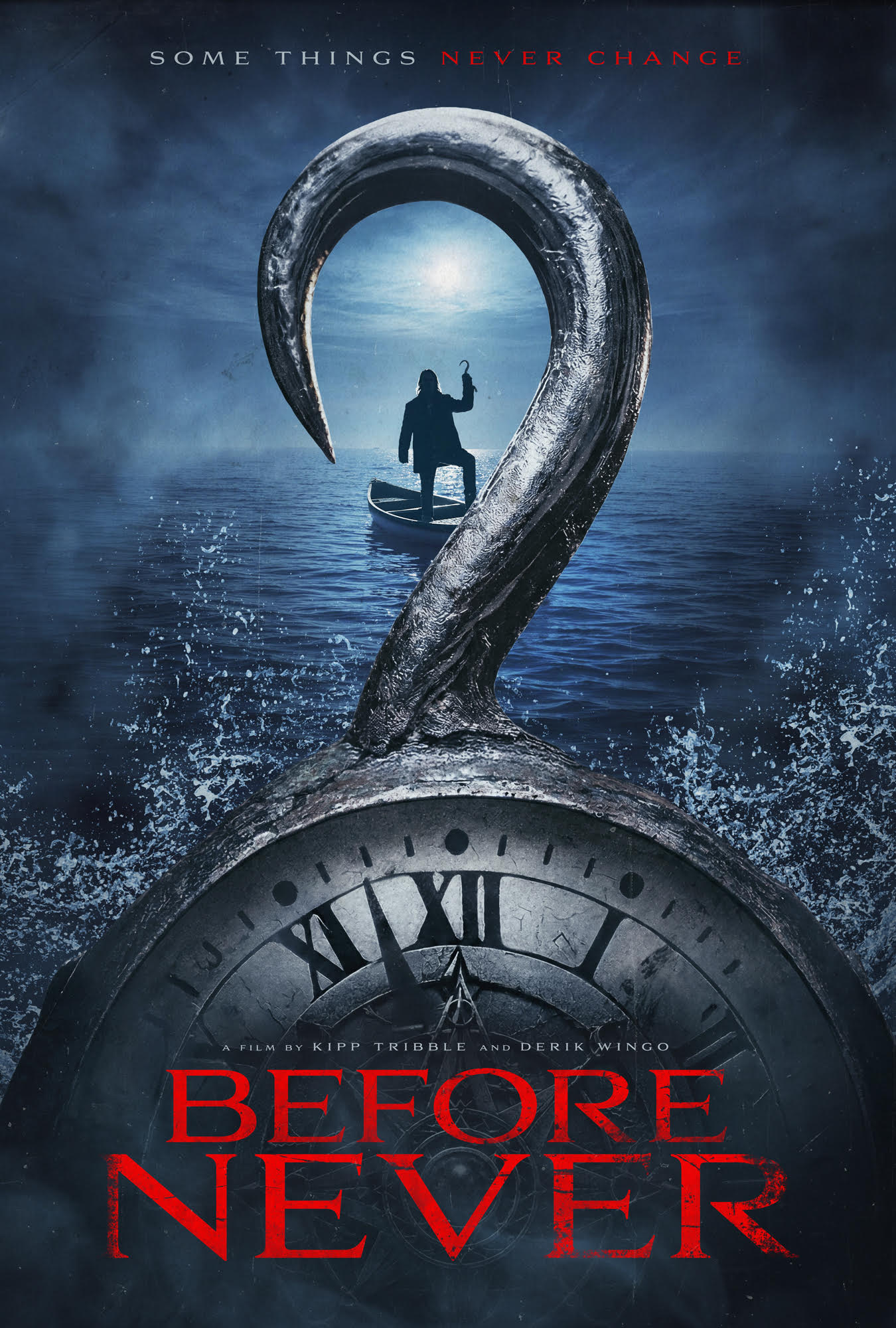 A person on a boat in water with a large question mark and a clock, with the title 'Before Never' in red.