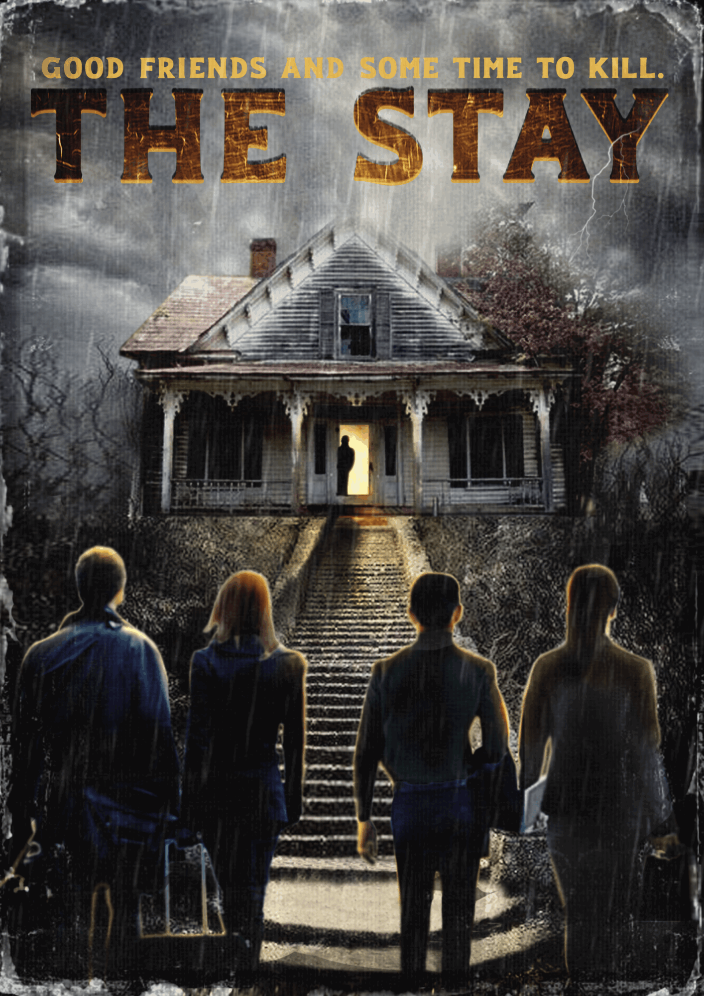 Four people walk up stairs toward a haunted house with dark, cloudy sky and overgrown yard, ominous atmosphere, eerie lighting.