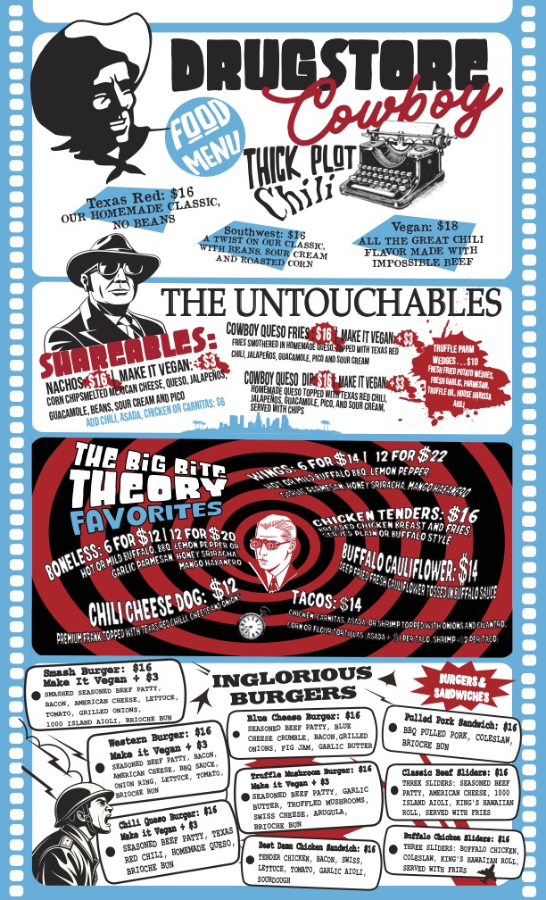 A colorful poster with various food and entertainment advertisements, including a cowboy theme, burger specials, and band performances.