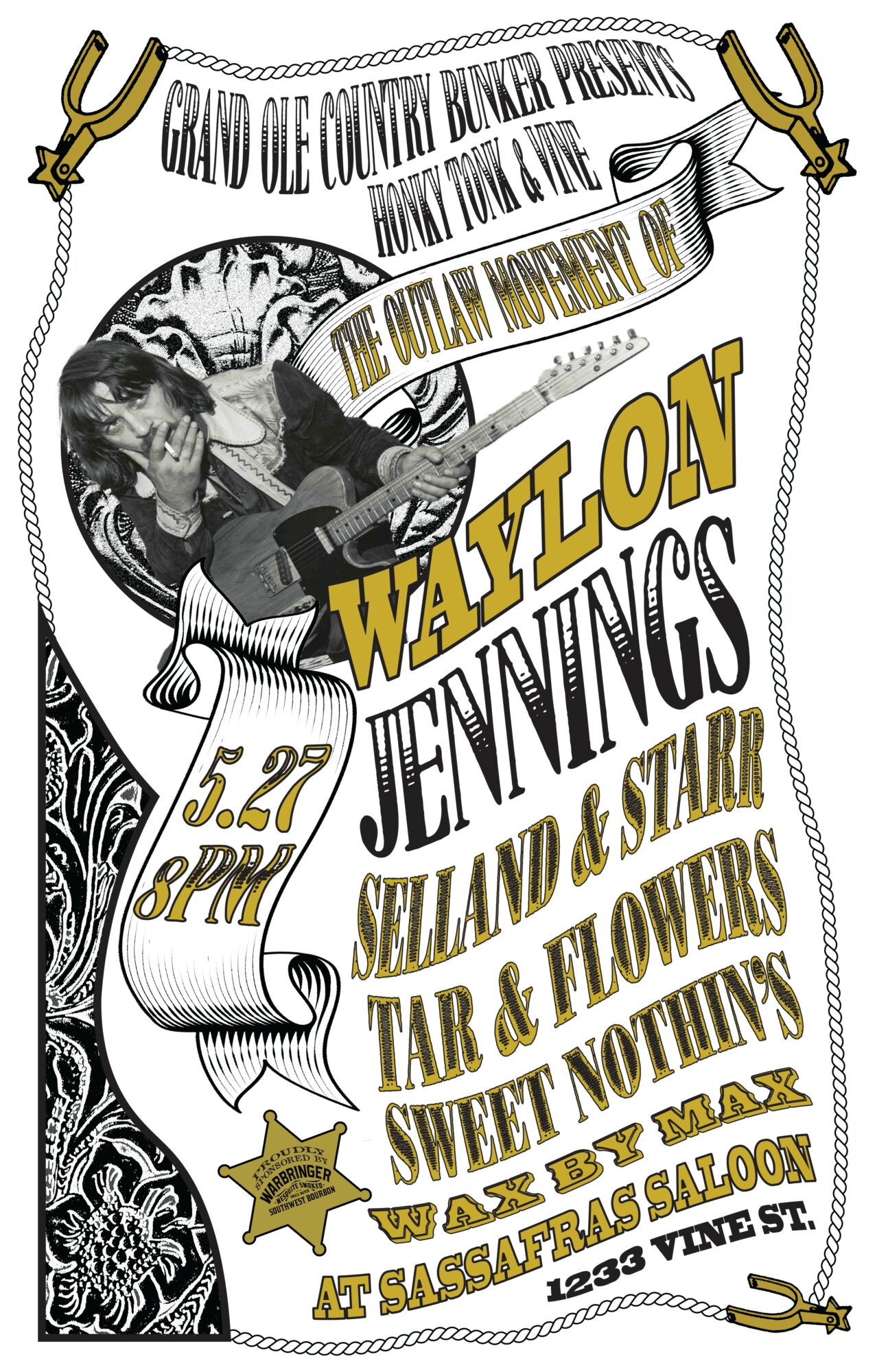 Event poster with a black and white photo of a woman, yellow and black text, and decorative elements, promoting a music event.