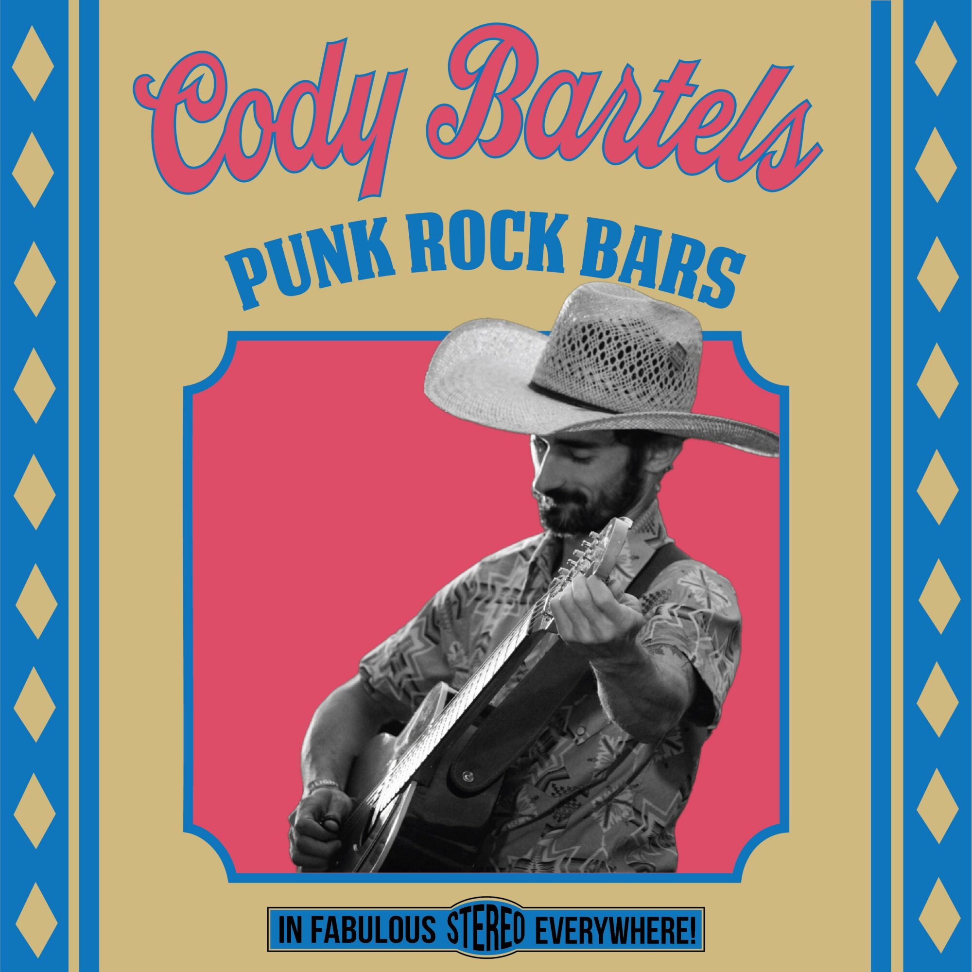 Man playing guitar, wearing a large hat, with colorful text and decorative border, on a pink background.