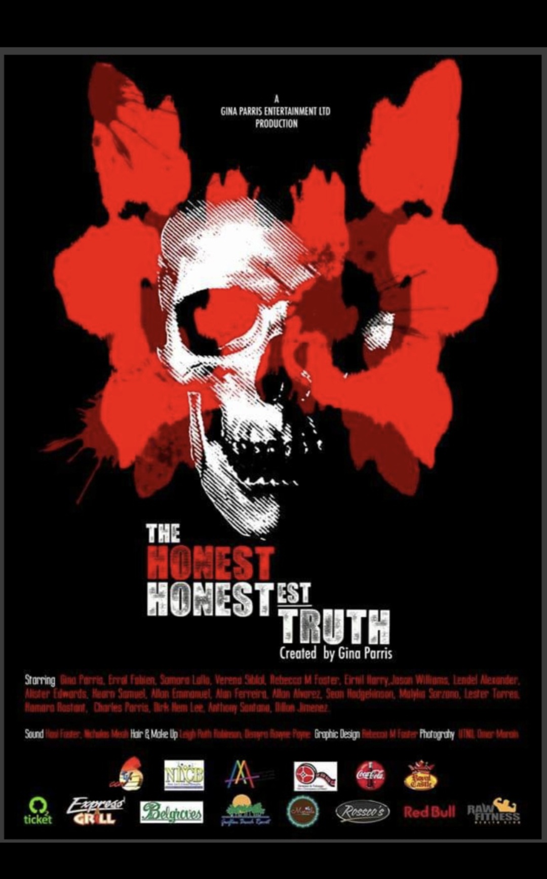 Black background with a white skull surrounded by red abstract shapes, movie title in red and white, and various logos at bottom.