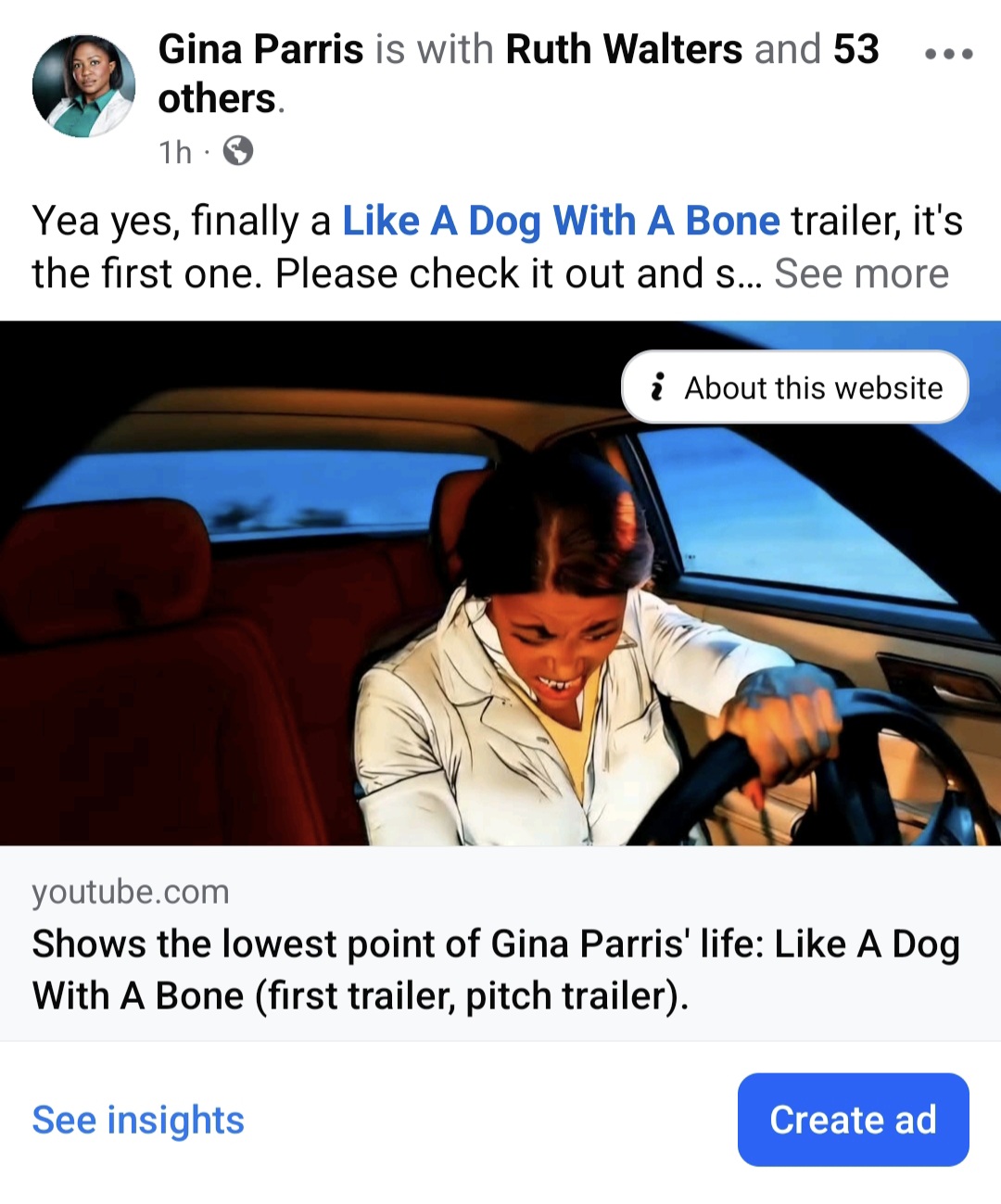 Woman smiling and driving a car, with a dog in the back seat, inside a vehicle. Bright sunlight outside.