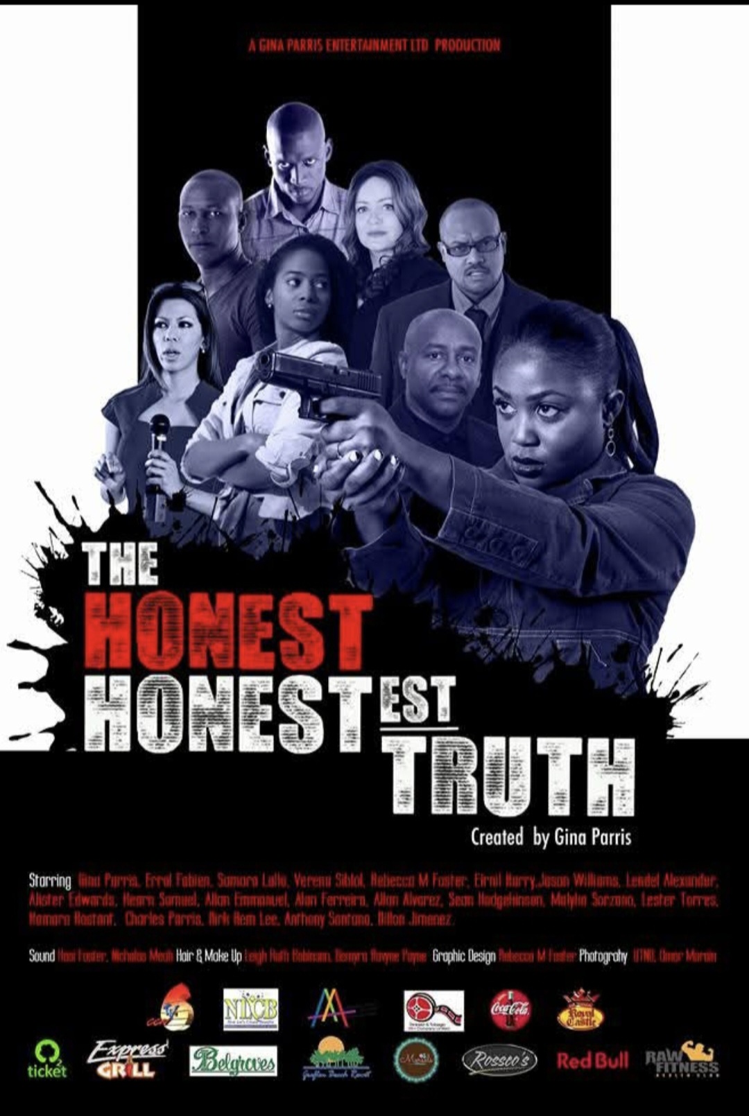 Group of diverse people, some holding guns, with a black background and red and white text, promoting a film or show.