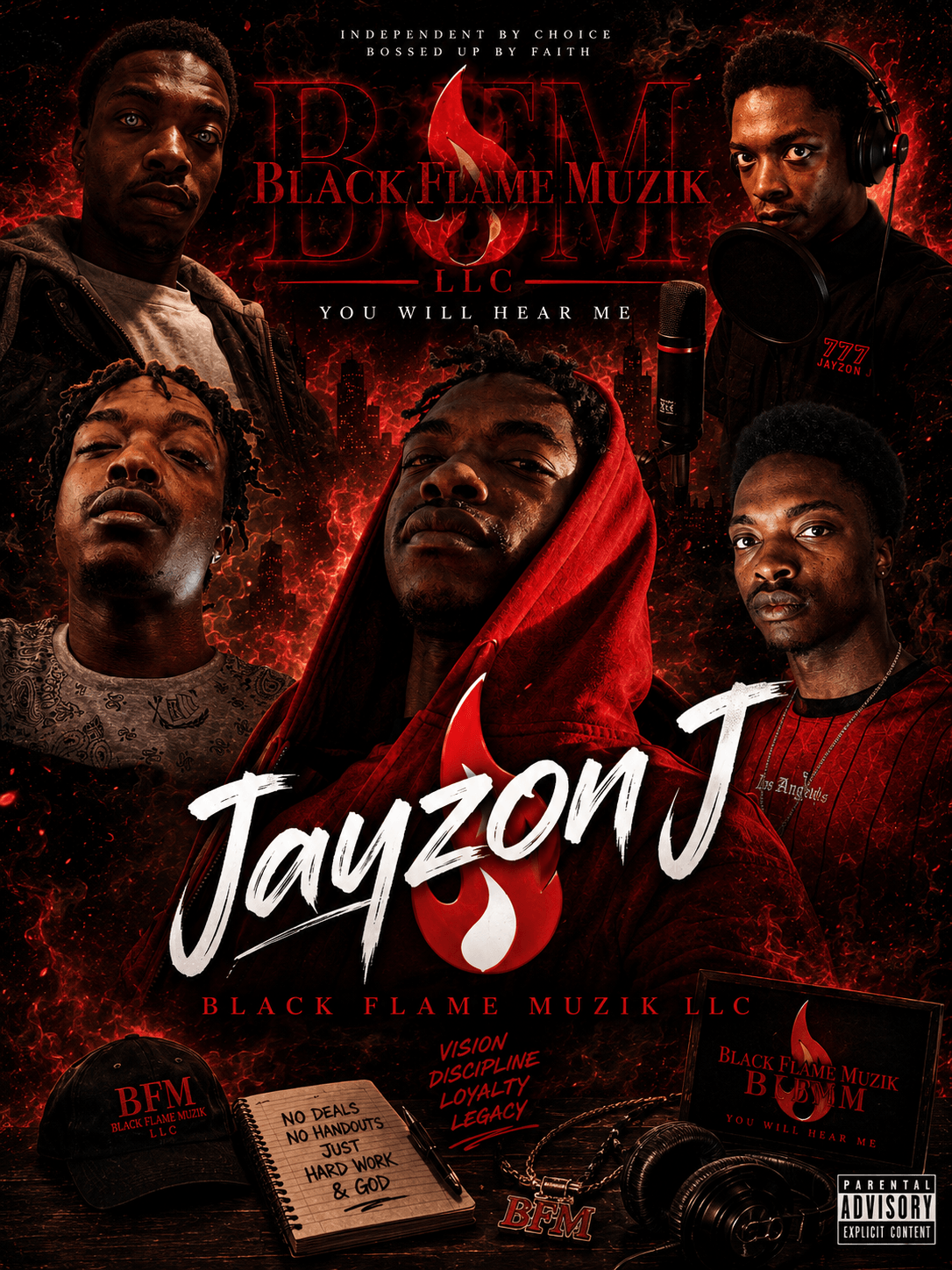 Group of five people with serious expressions, dark background, red and black tones, and text overlay including 'Jayzon J'.