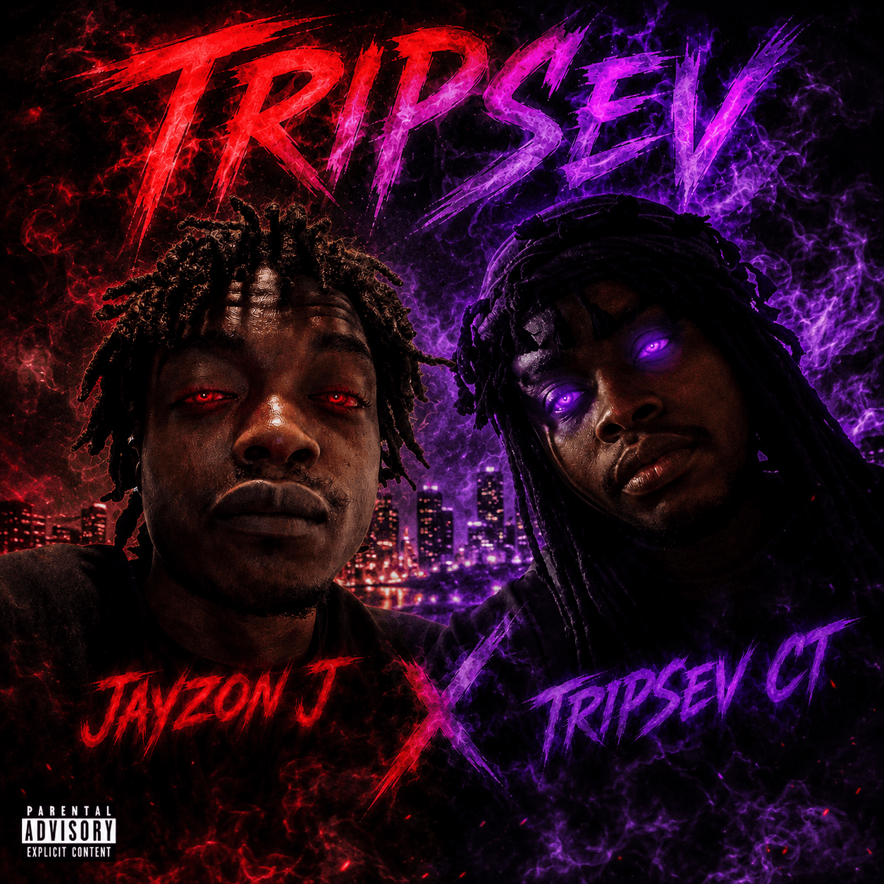 Two young men with dark hair and glowing eyes, city skyline background, vibrant red and purple colors, text 'TRIPSEV' at top.