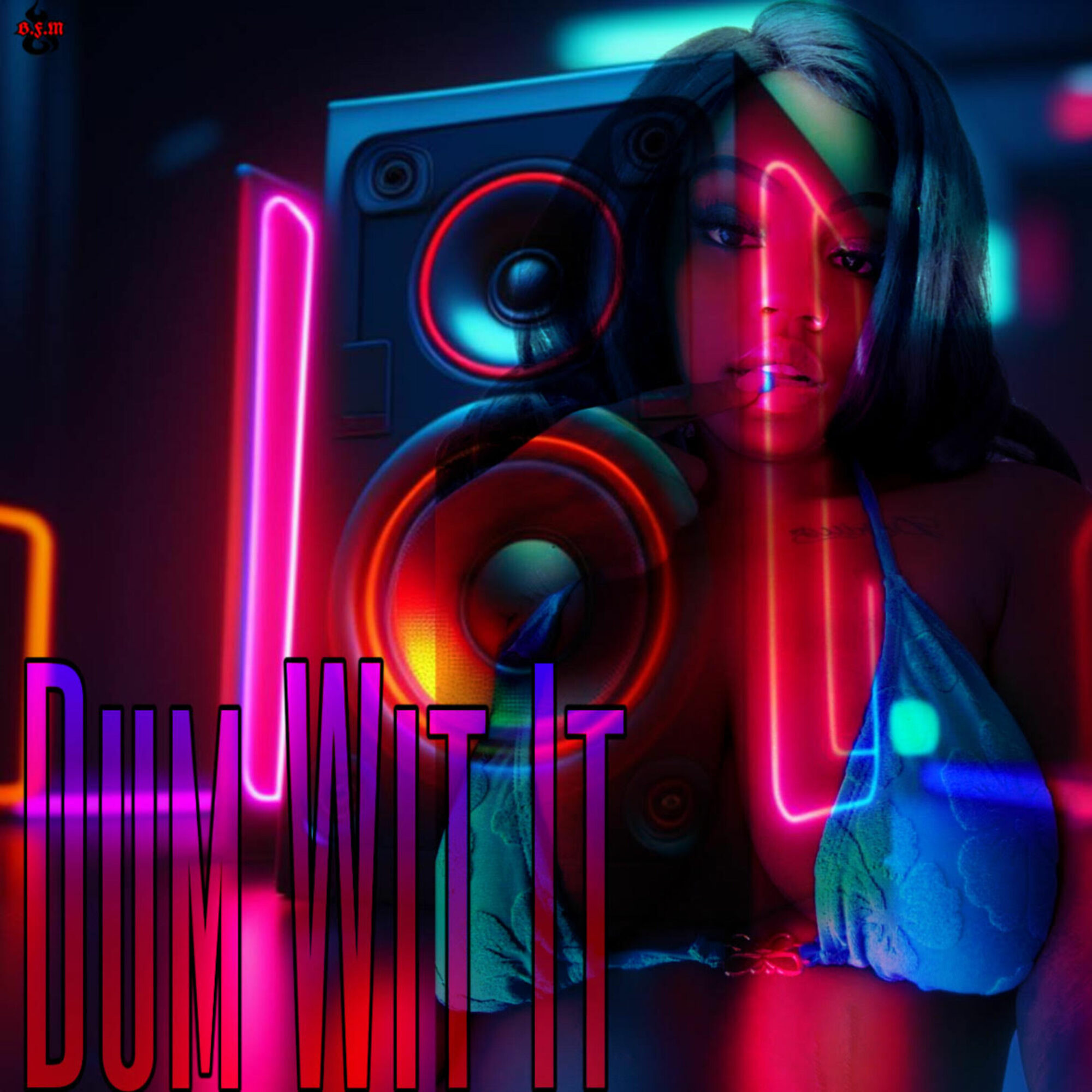 A woman with neon lights and speakers, with colorful reflections on her face, in a dark setting.