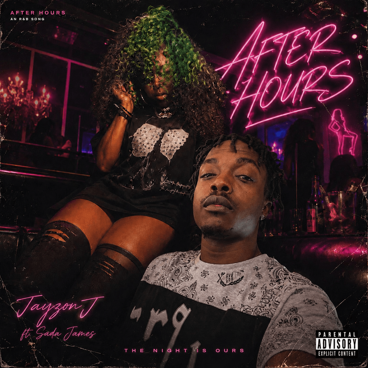 A woman with curly hair and a man with short hair pose in a neon-lit setting with pink signs reading 'After Hours' and 'Jayzon T'.