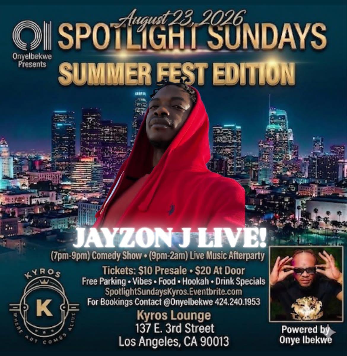 Person in red hoodie with city skyline background, promotional poster for Spotlight Sundays Summer Fest, event date August 23, 2026.