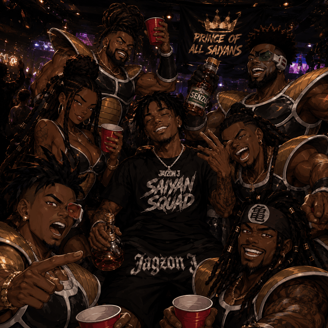 Group of people celebrating with drinks, wearing costumes, in a festive setting with a sign reading 'Prince of All Saiyans'.