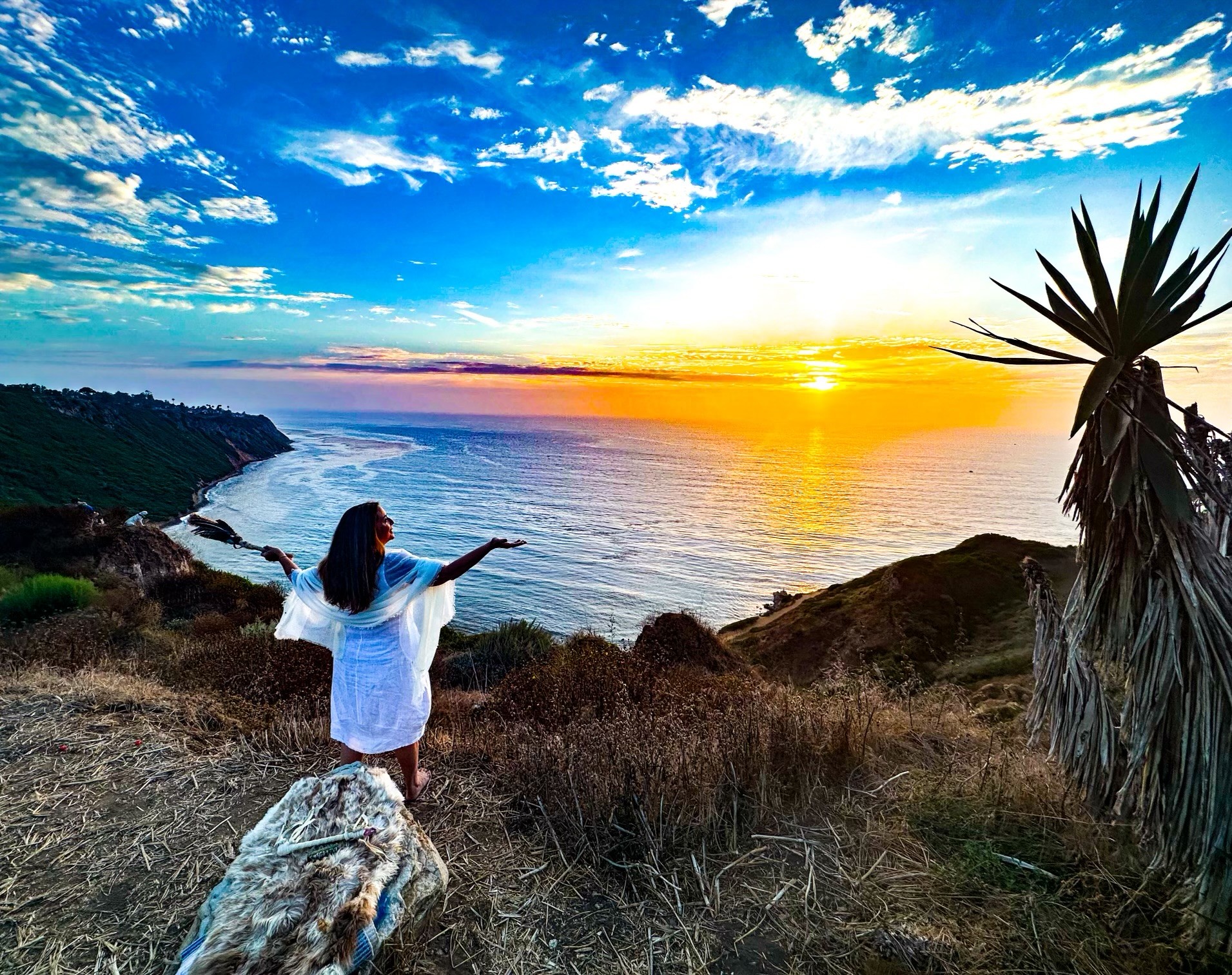 Woman standing on a rocky hill overlooking the ocean at sunset, with a large plant on the right and a partly cloudy sky.