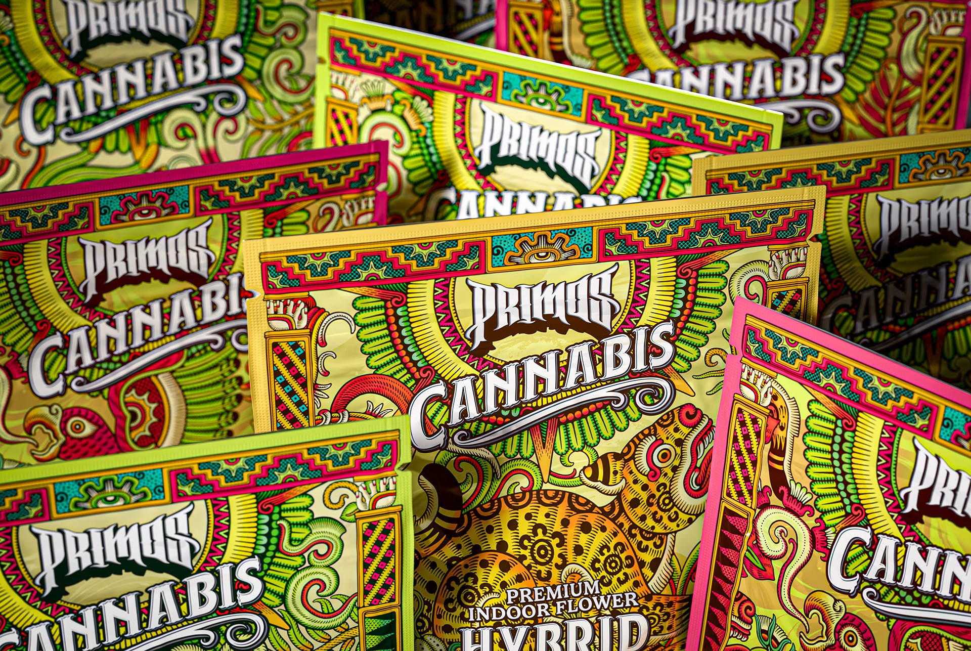 Colorful cannabis product packaging with vibrant patterns and text, arranged in a display. Word 'CANNABIS' is visible.