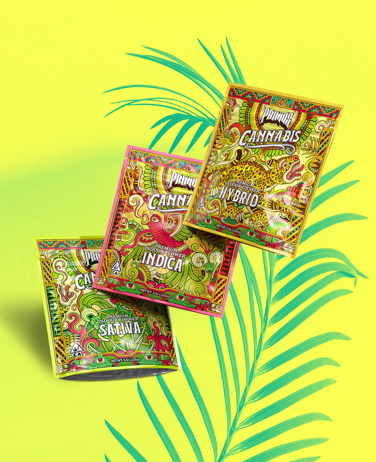 Four colorful cannabis seed packets arranged on a yellow background with green palm leaves, labeled indica, hybrid, sativa, and primed.