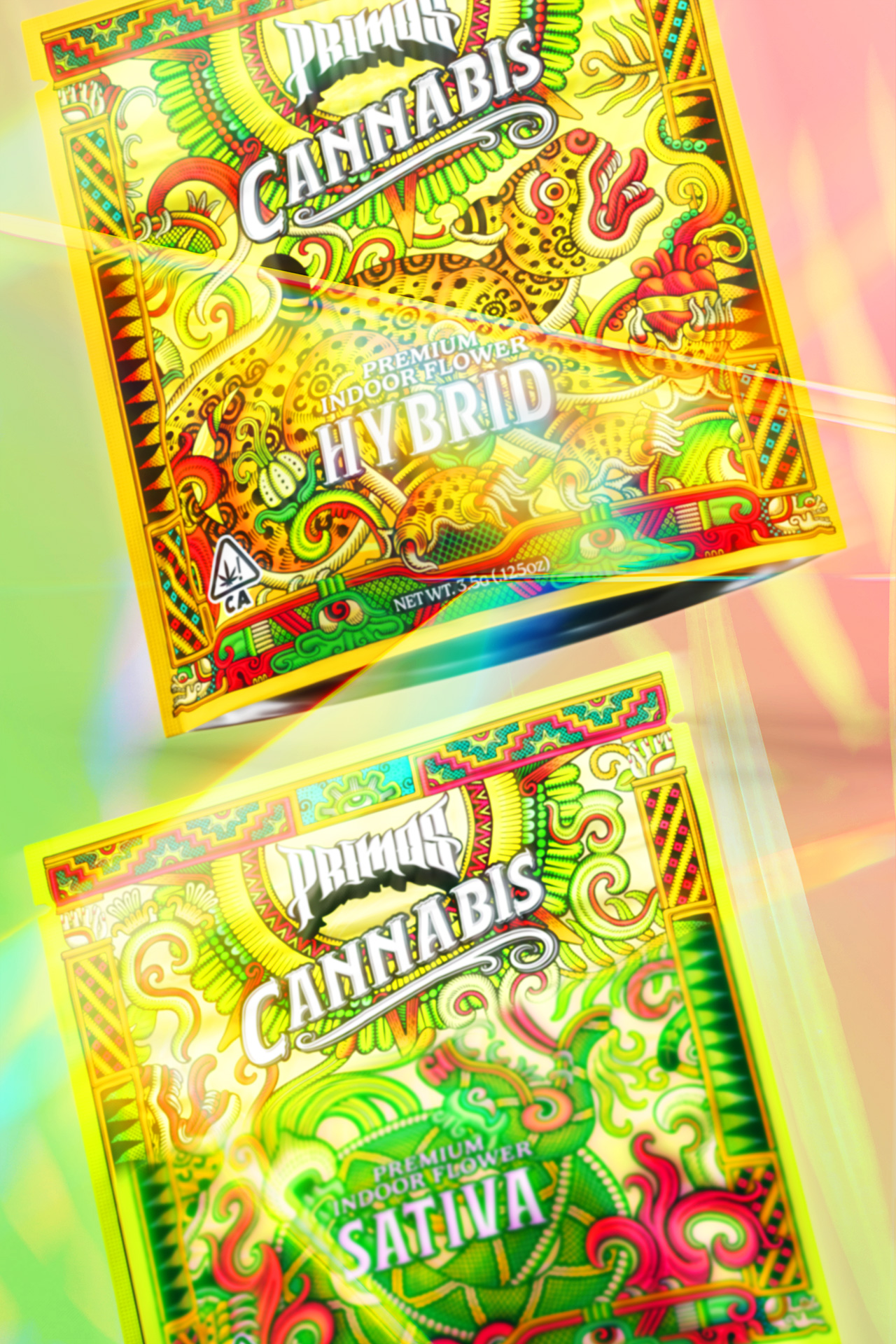 Colorful cannabis-themed pinball machine with bright lights and intricate artwork, featuring the words 'HYBRID' and 'SATIVA'.
