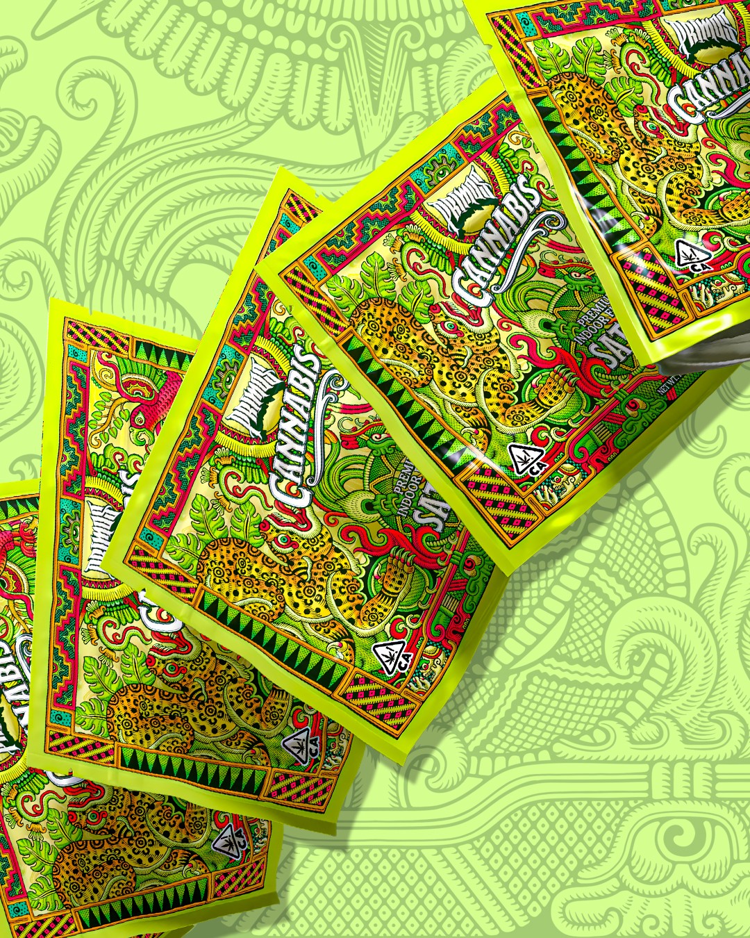 Four colorful boxes of cereal stacked diagonally on a green patterned background.