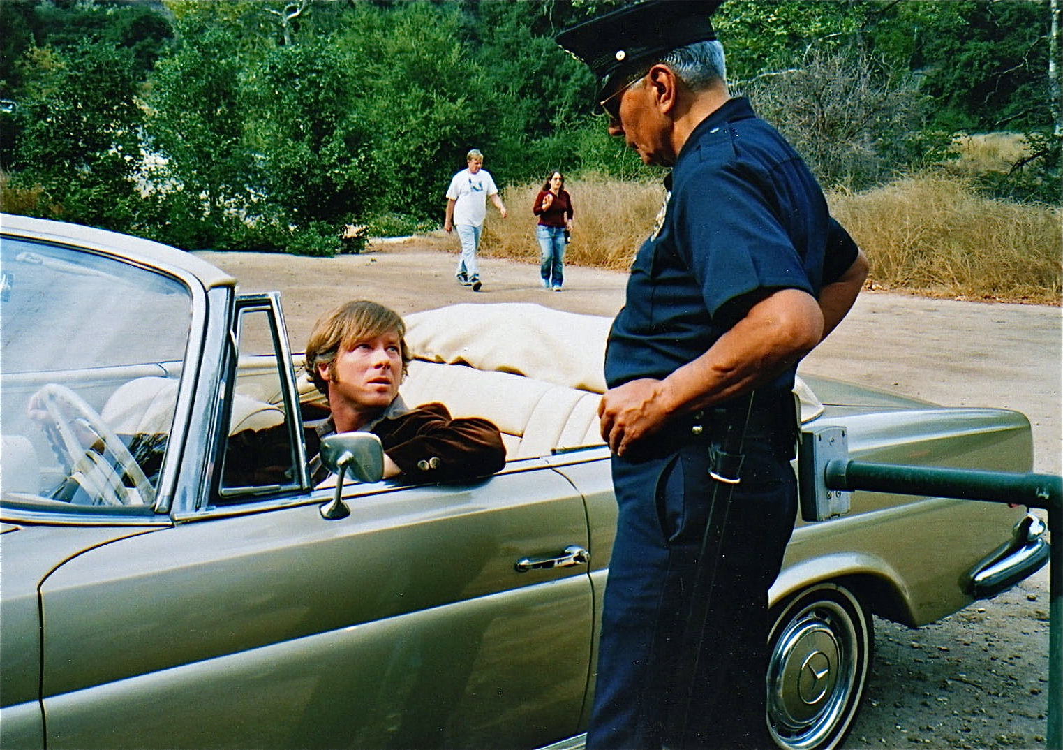 A person in a car talking to a police officer outdoors, with trees and people in the background.