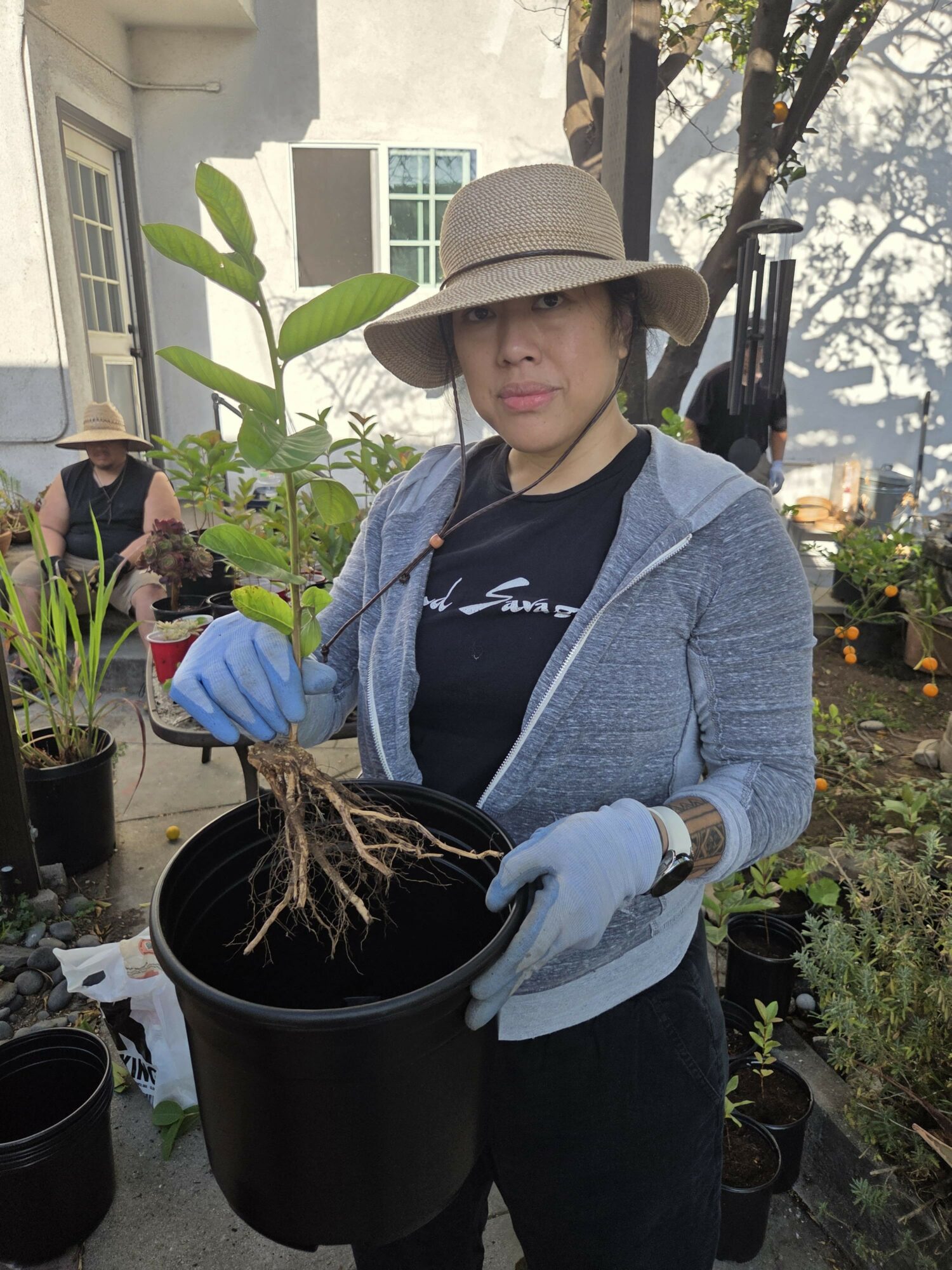 Woman in a hat and gloves holds a potted plant outdoors, surrounded by gardening supplies and plants.