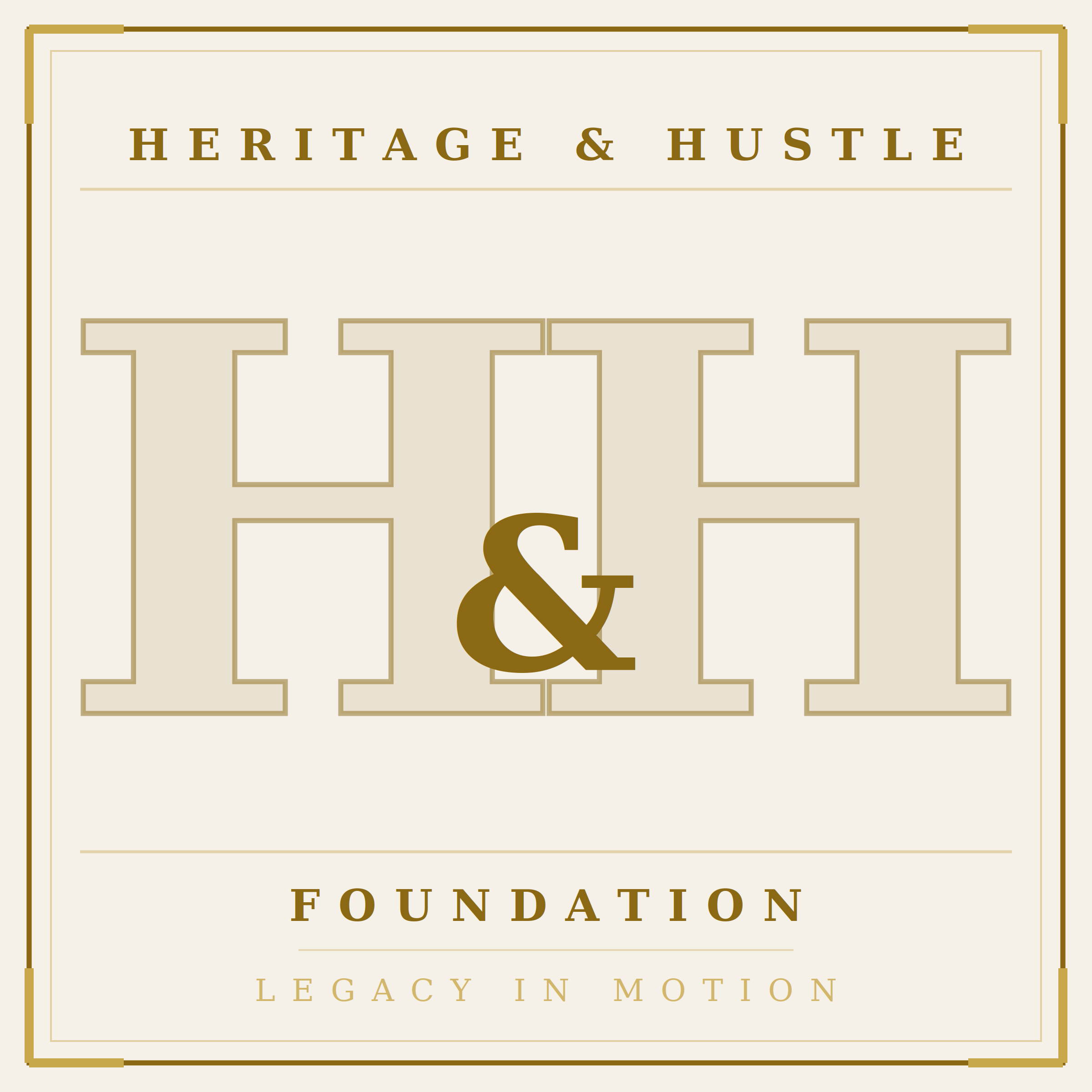 Logo with text 'Heritage & Hustle' and 'Foundation' with a large ampersand, on a beige background.
