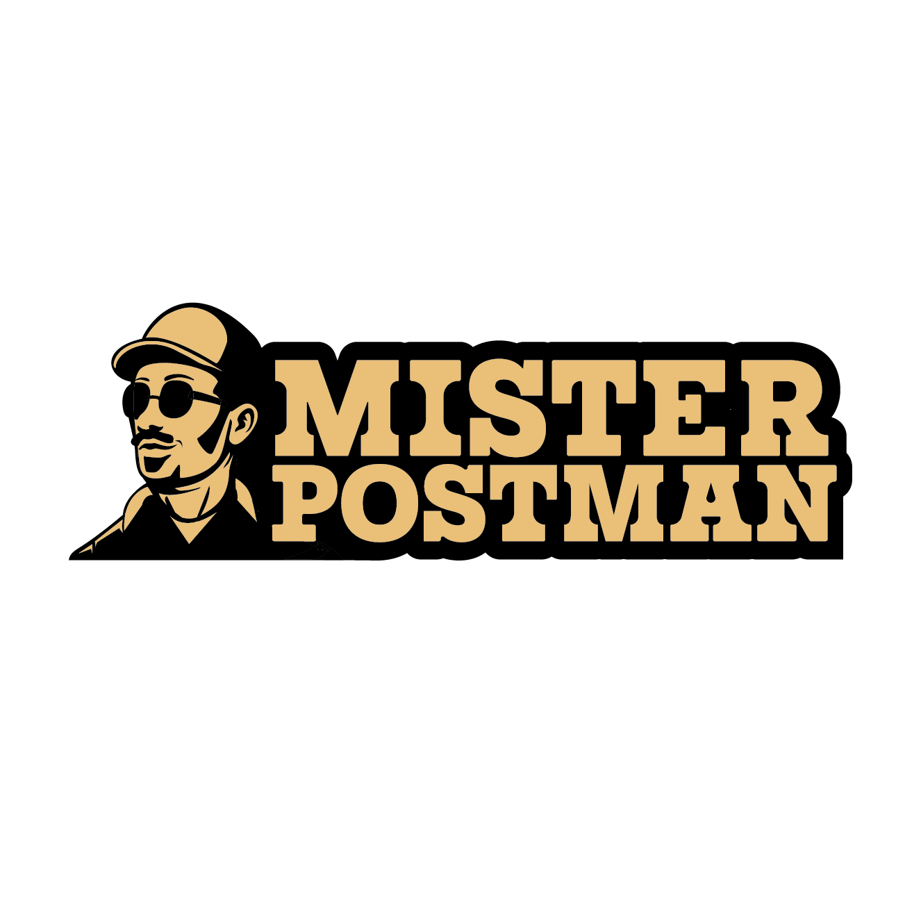 Logo with a stylized man wearing a hat and sunglasses, and the text 'MISTER POSTMAN' in bold letters.