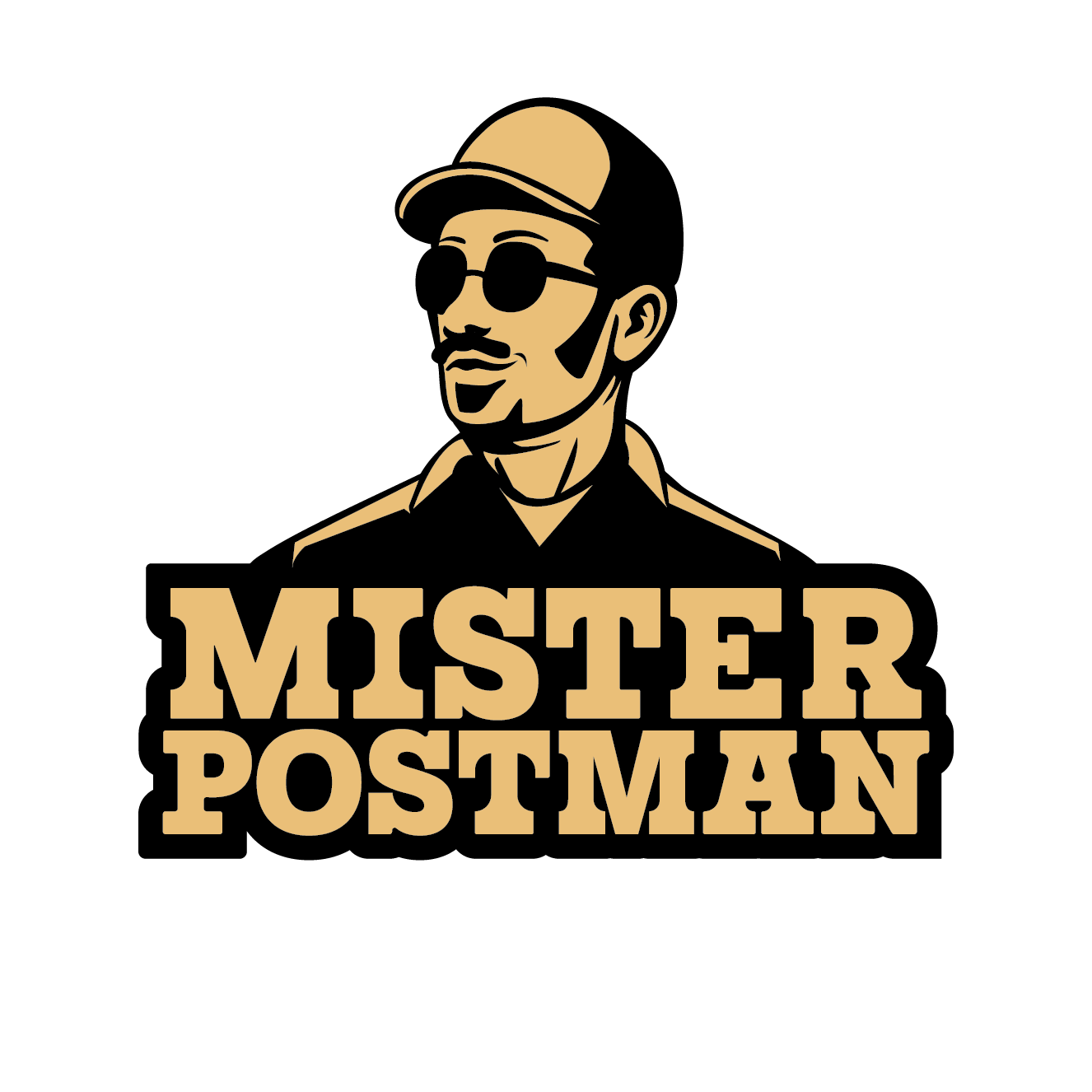 Stylized illustration of a man with sunglasses and a hat, with bold text reading 'MISTER POSTMAN'.