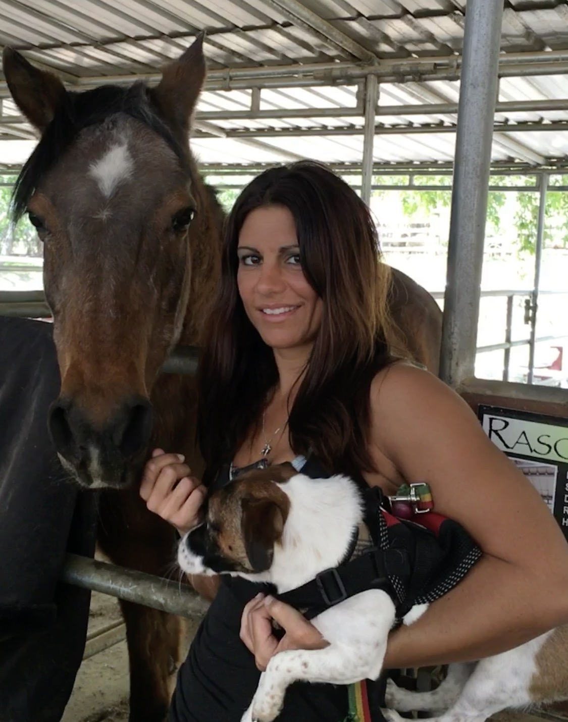 Woman holding a small dog next to a horse in a stable, smiling at the camera.