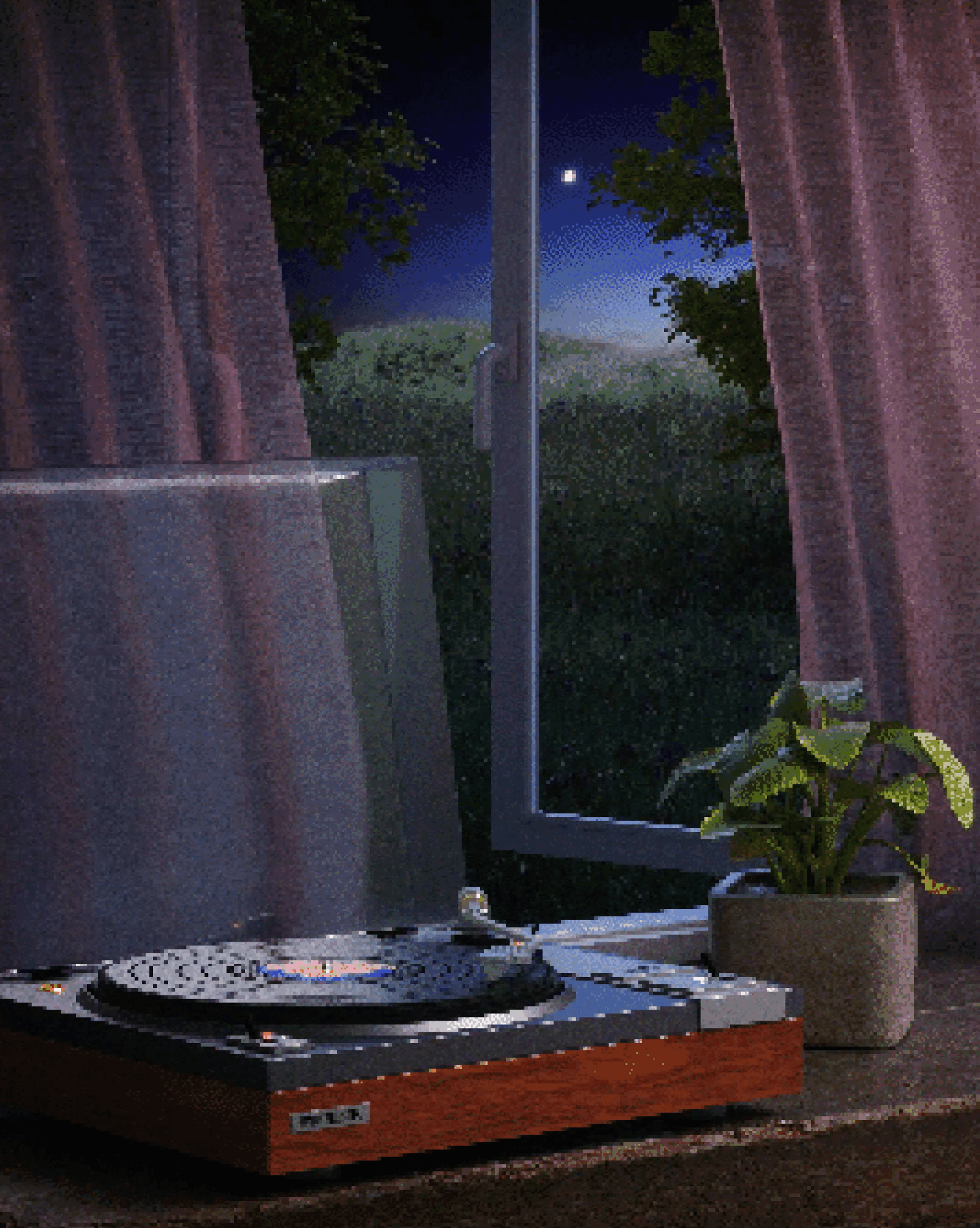 Turntable on a table near an open window with pink curtains, a potted plant, and a night sky with a bright moon.