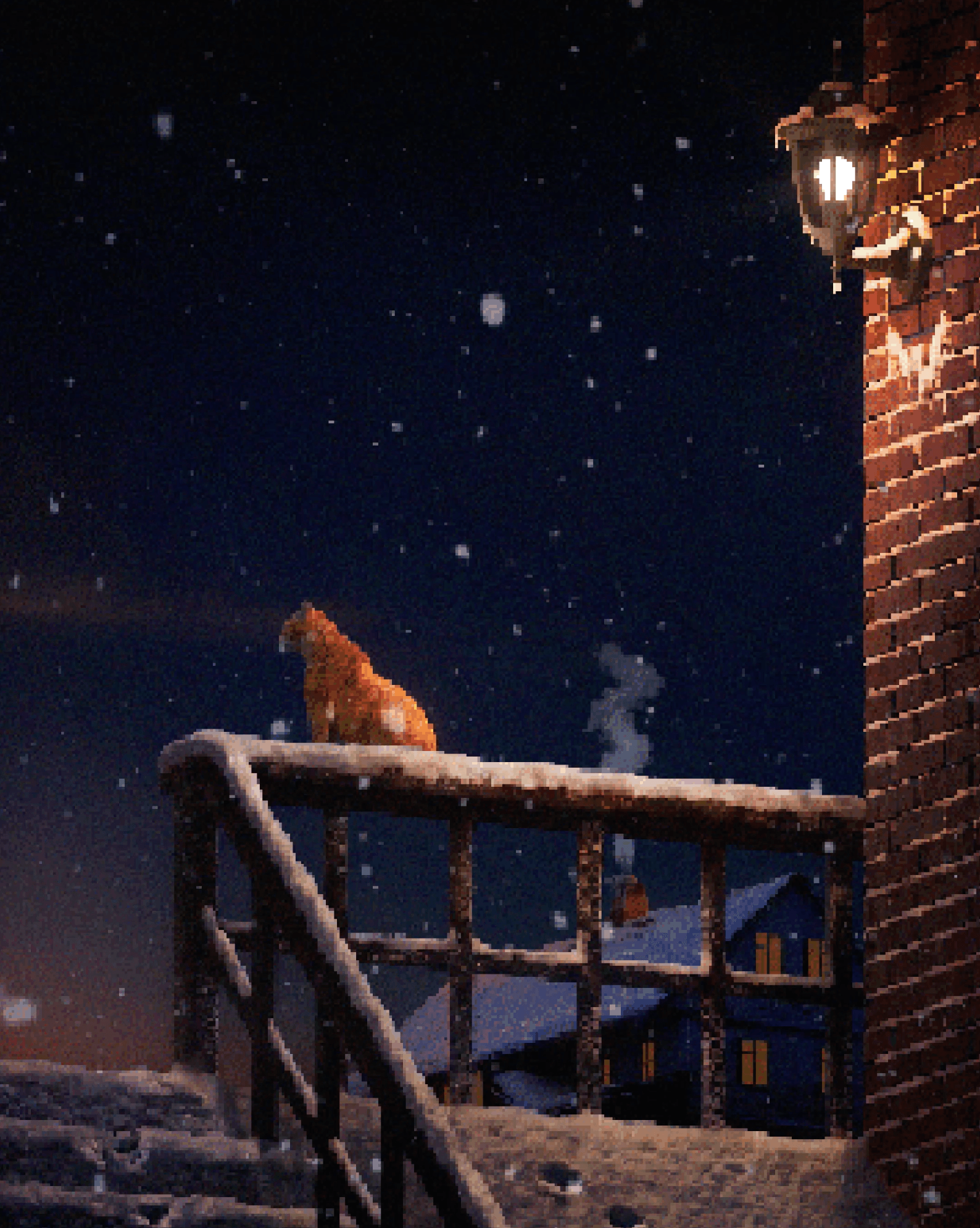 Night scene with snow, a cat on a snow-covered balcony, brick wall, and a lit outdoor lamp.