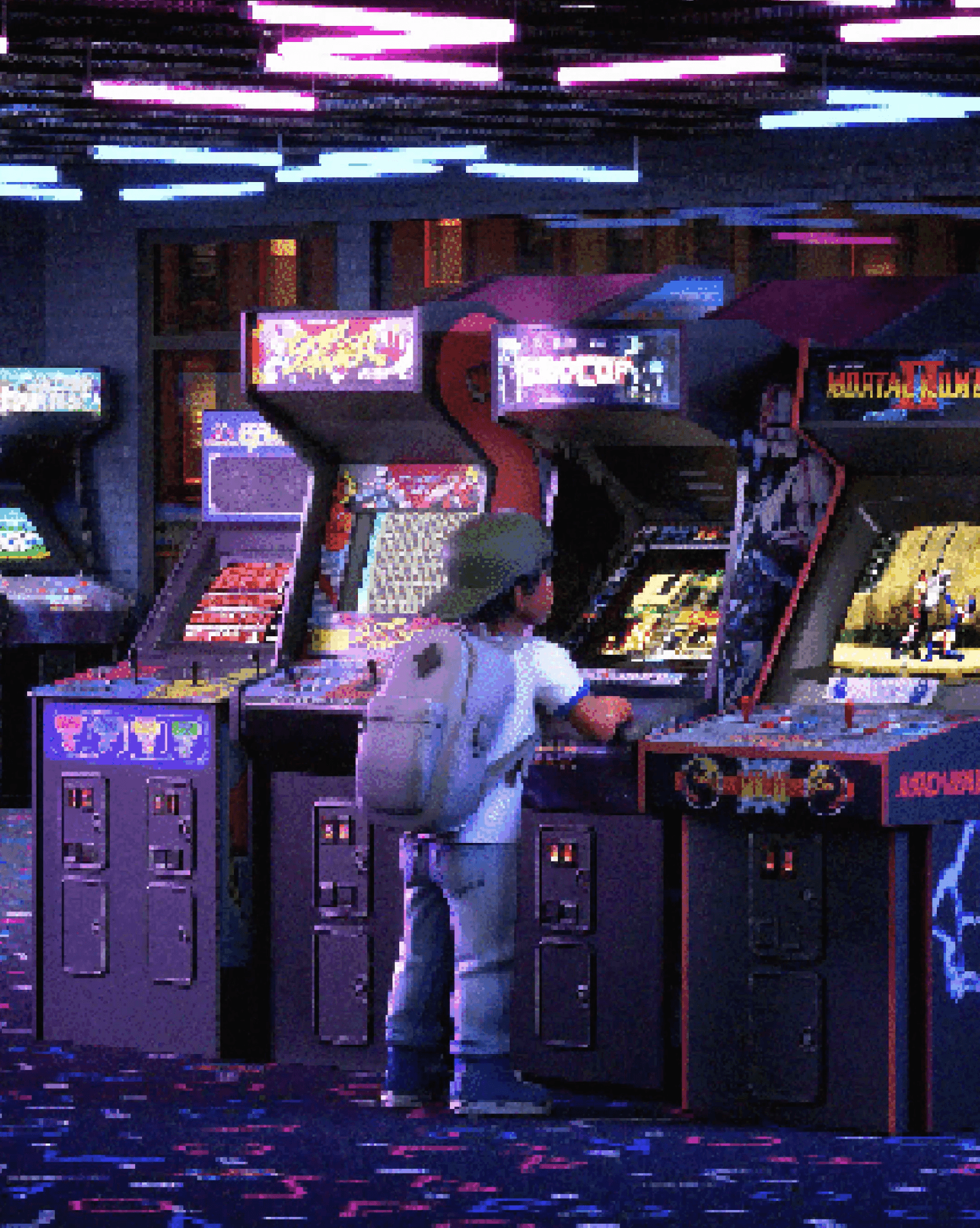 Child with backpack playing arcade game in a dimly lit arcade room with colorful lights.