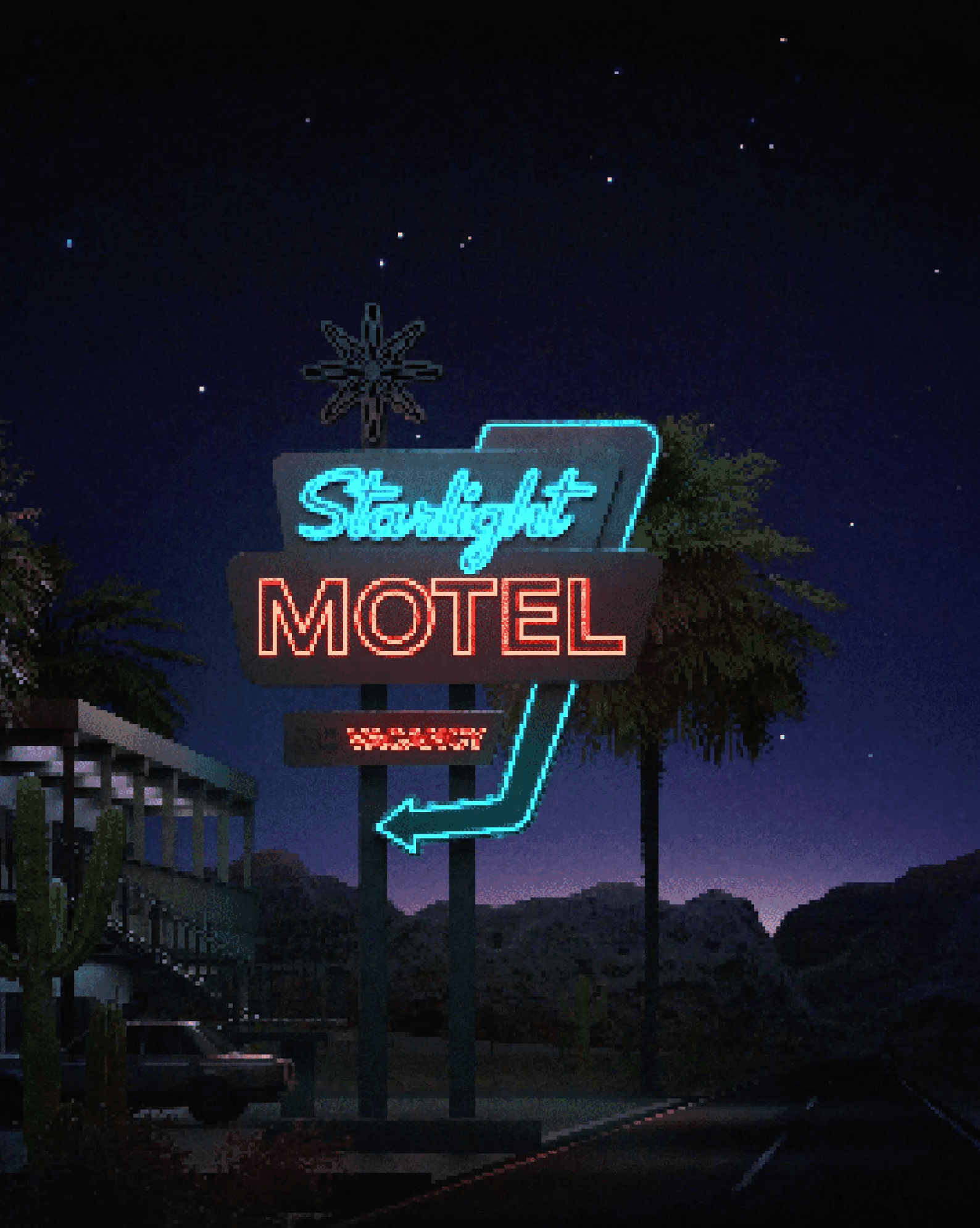 Neon sign reading 'Starlight Motel' against a night sky with stars and mountains, trees, and a parking lot.