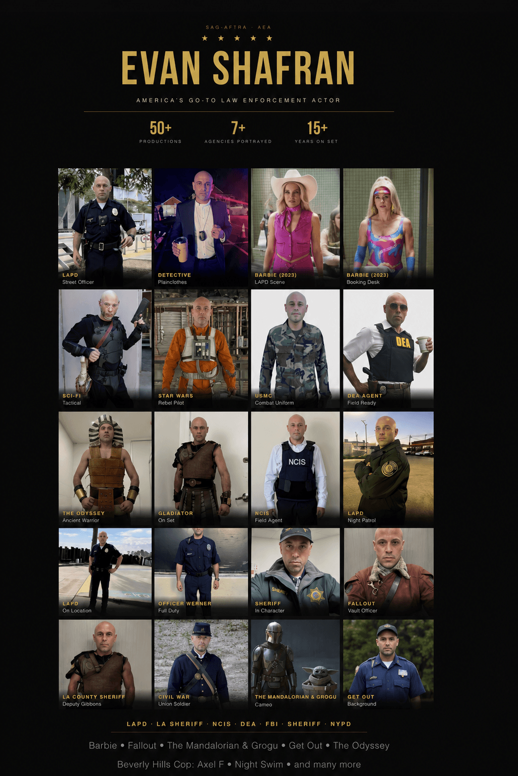 Collage of 20 images of people, some in uniforms, some in casual clothing, with text about Evan Shaffran at the top.