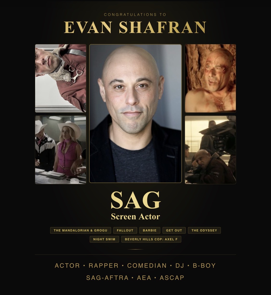 Celebratory graphic for Evan Shafran with photos of him and text about SAG awards and acting roles.