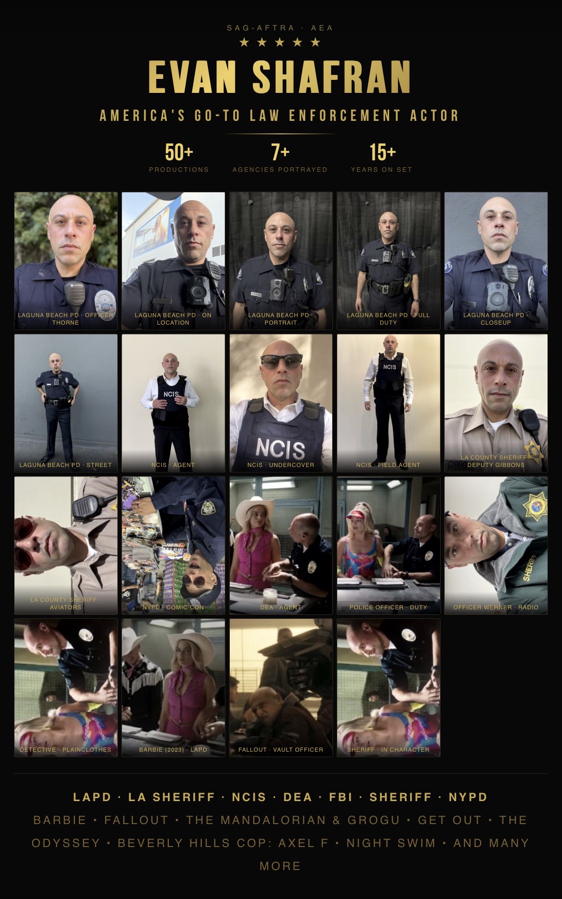 Collage of police officers, a person in sunglasses, and scenes from a TV show or movie, with text about actor Evan Shaafrann.