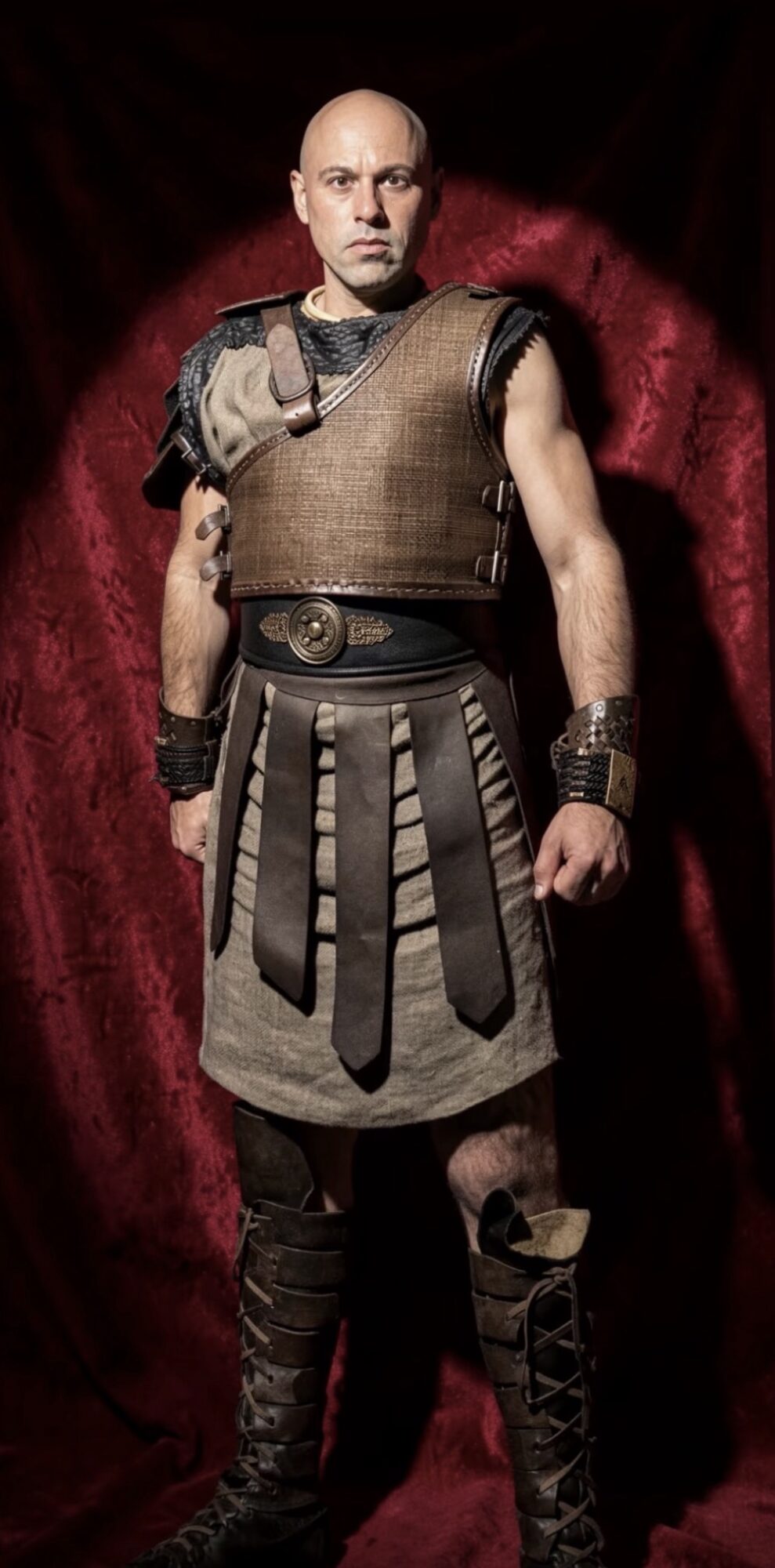 A man in Roman-style armor and skirt stands against a red curtain background.