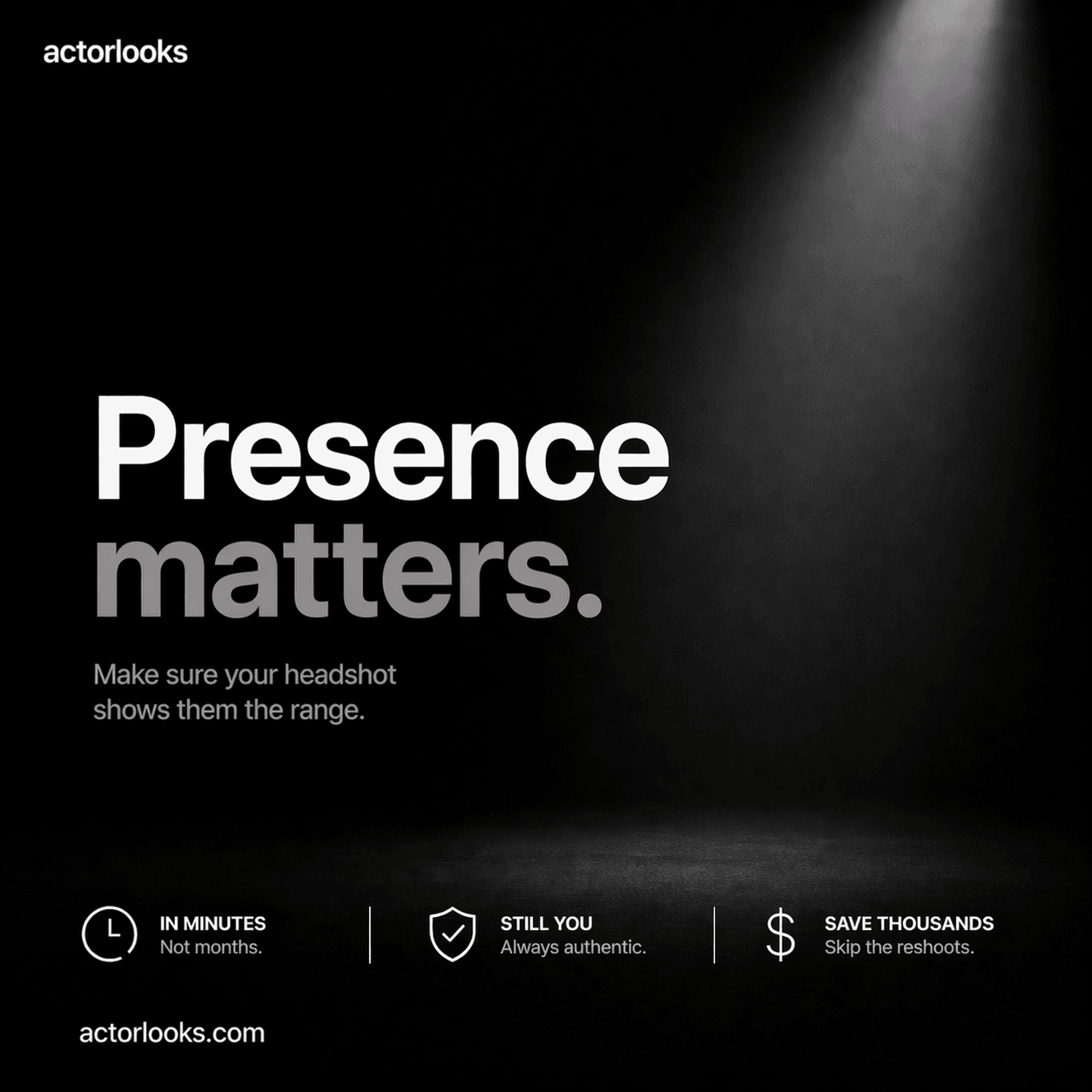 Black background with white text reading 'Presence matters.' and additional smaller text about headshot range, authenticity, and savings.