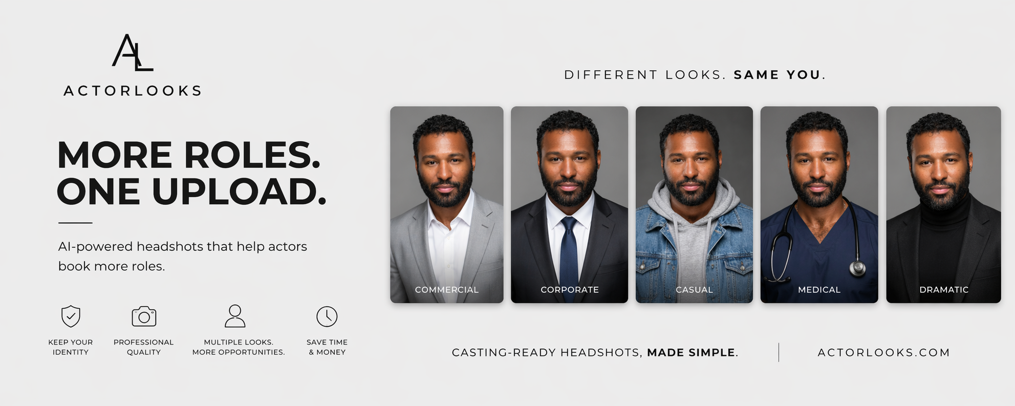 Four headshots of men in suits, with text about acting roles and casting headshots, and icons for various services.