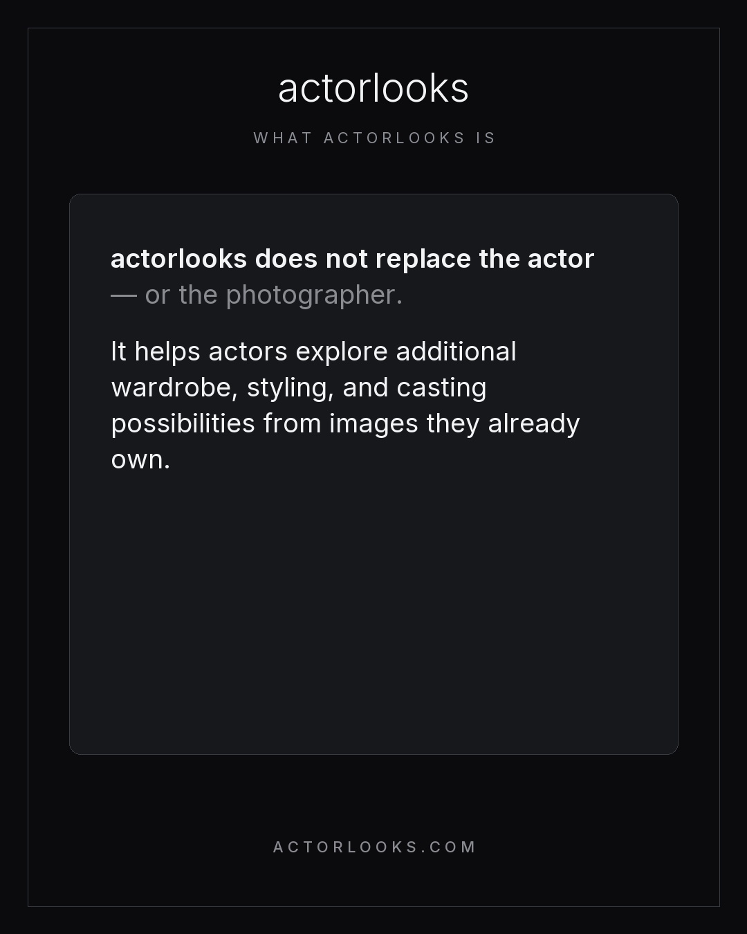 A dark screen with white text explaining actorlook does not replace actors or photographers, and helps explore wardrobe and styling options.