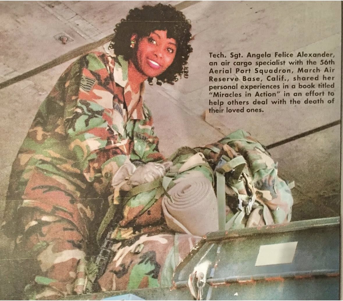 Woman in camouflage uniform sitting on aircraft, smiling, with a backpack and helmet nearby, and a text description in the background.