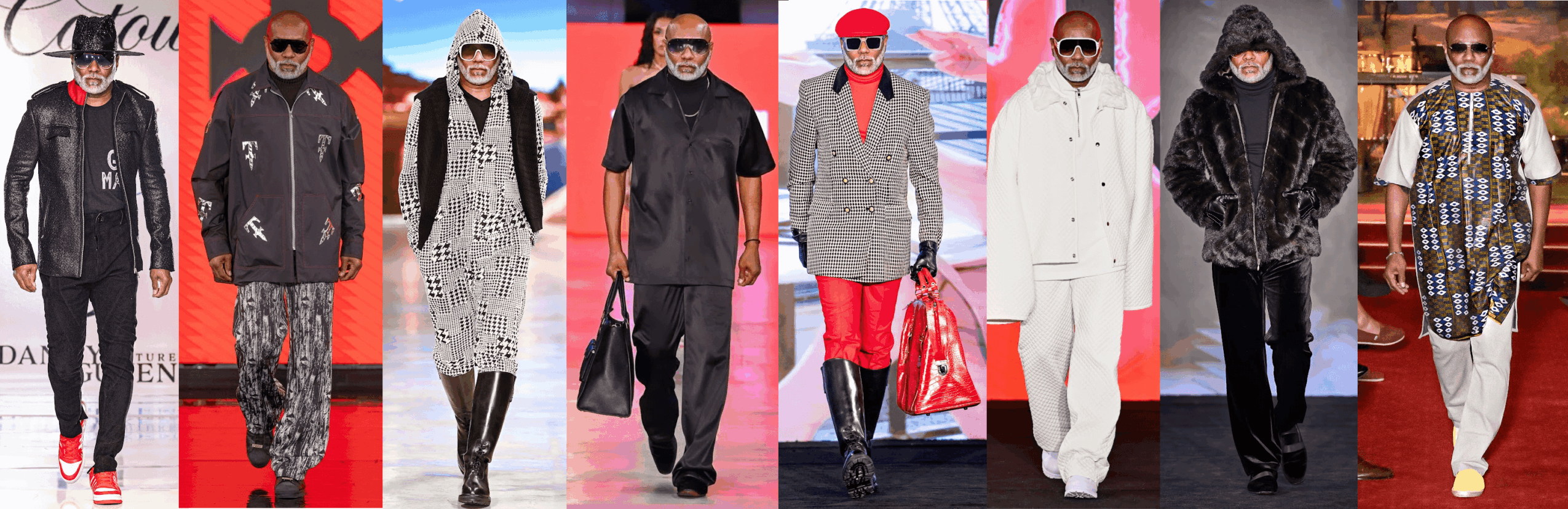 Multiple people walking on a runway in various outfits, some with sunglasses and accessories, in a fashion show setting.