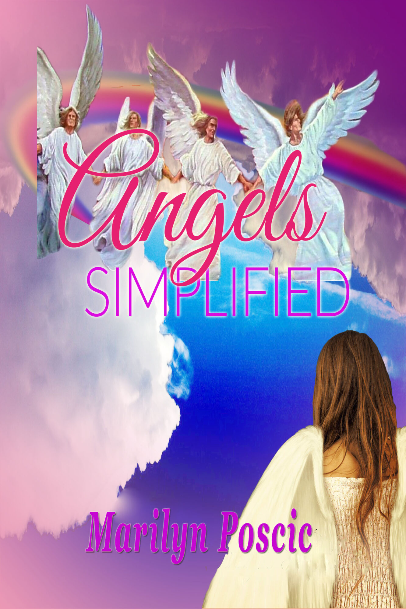 Four angels with white wings and robes fly above clouds, with a rainbow and a woman in the foreground, book title and author.