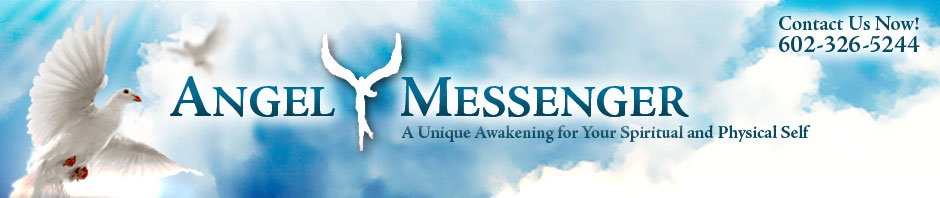 Sky with clouds, angel wings logo, text for Angel Messenger, contact info, and tagline.