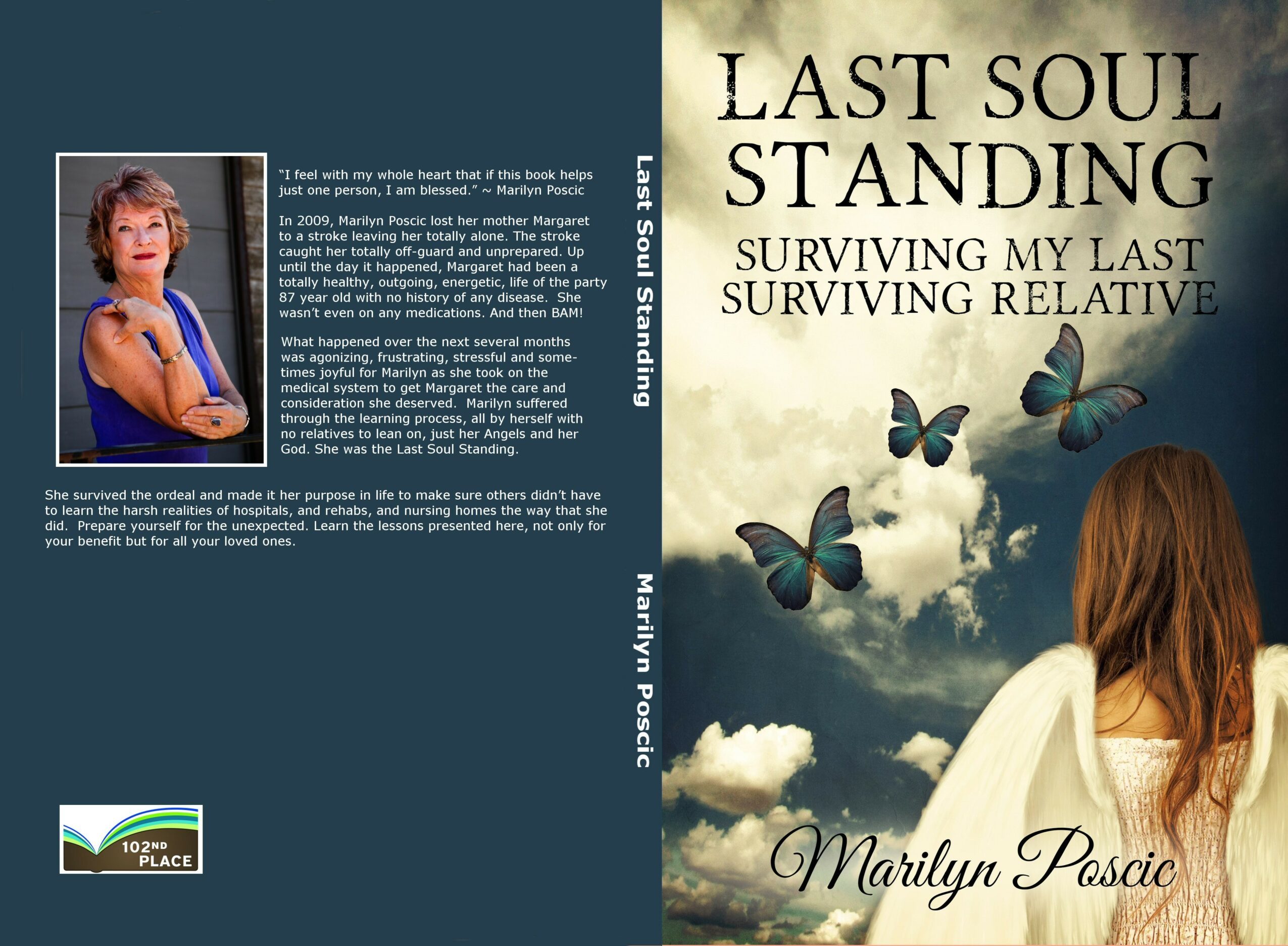 Book cover with a woman looking at butterflies in the sky, title 'Last Soul Standing,' author's name Marilyn Pasci, clouds, and a person with long hair.