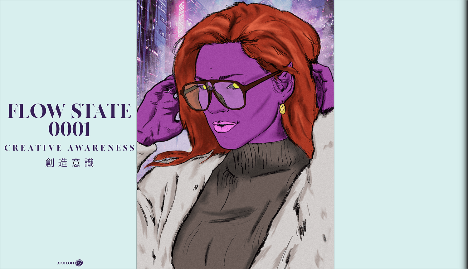 Illustration of a woman with red hair, glasses, and purple skin, wearing a gray top and white jacket, with a cityscape background.