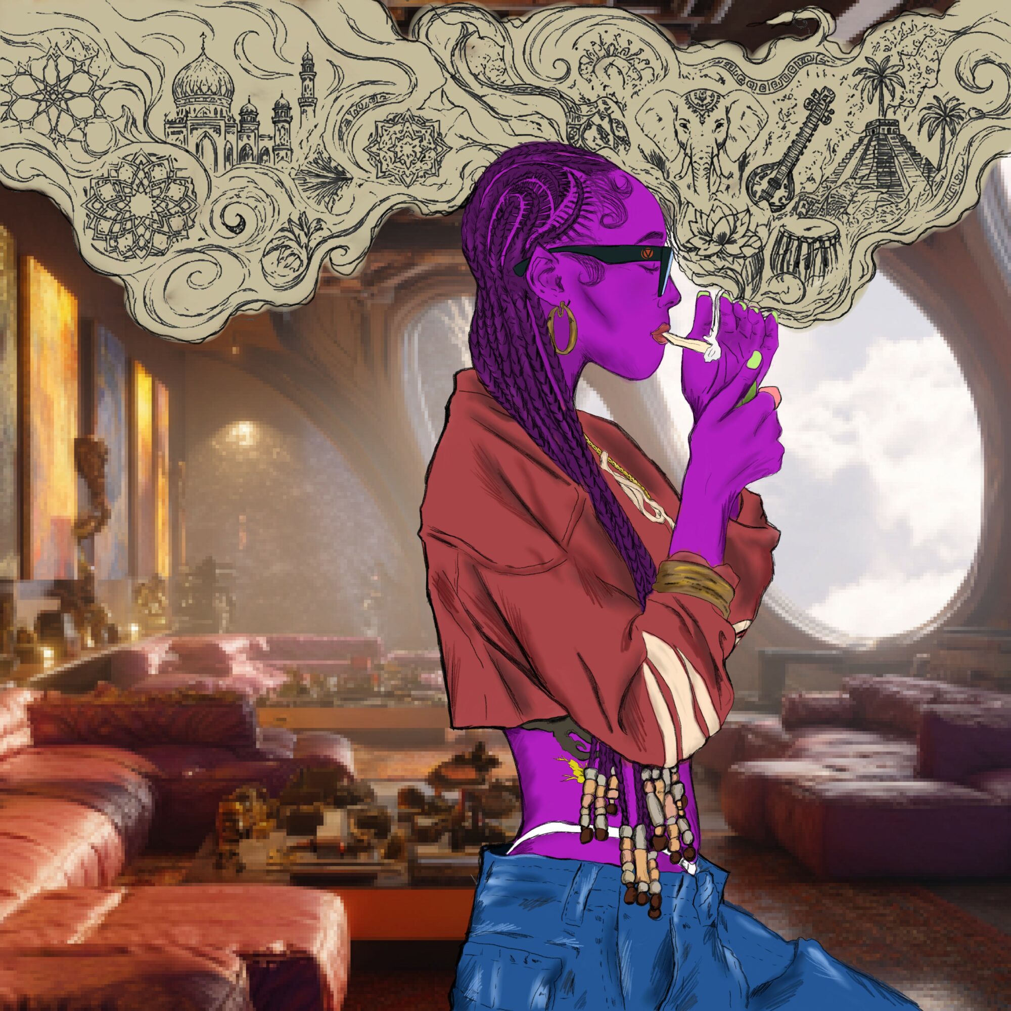 Illustration of a purple-skinned woman with dreadlocks, wearing glasses, smoking, in a room with a large window and vintage furniture.