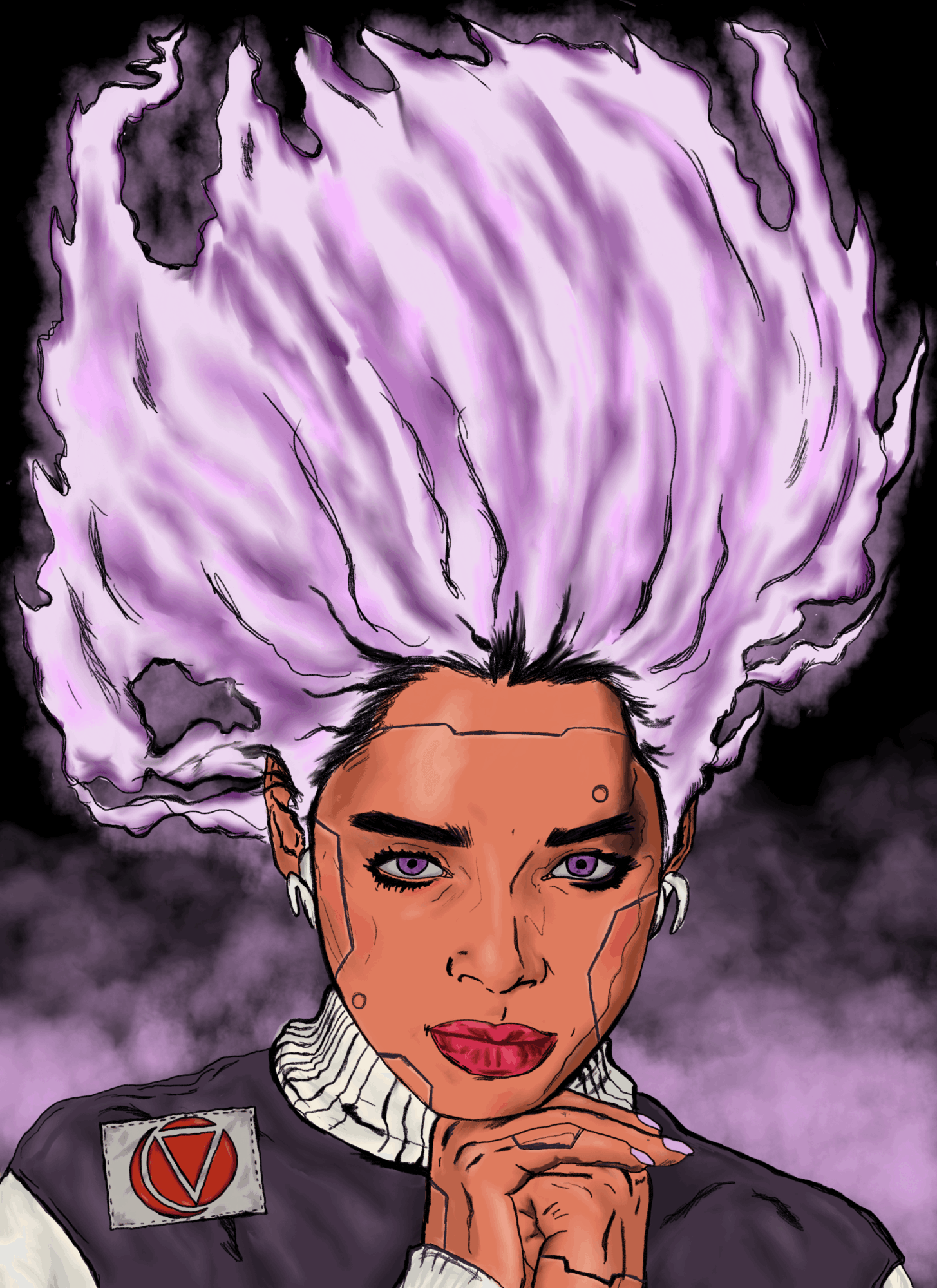 Woman with large, purple, flame-like hair, wearing a dark jacket and a white ruffled collar, against a smoky background.