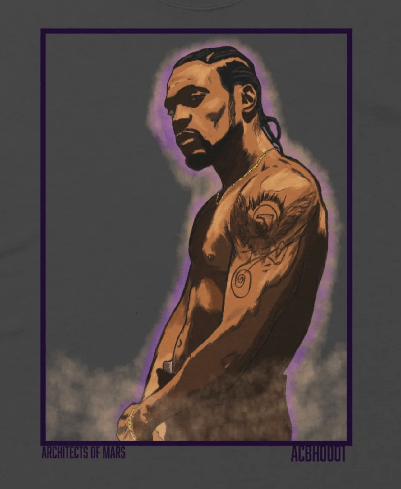 Portrait of a shirtless man with tattoos, looking to the side, with a dark background and purple border.