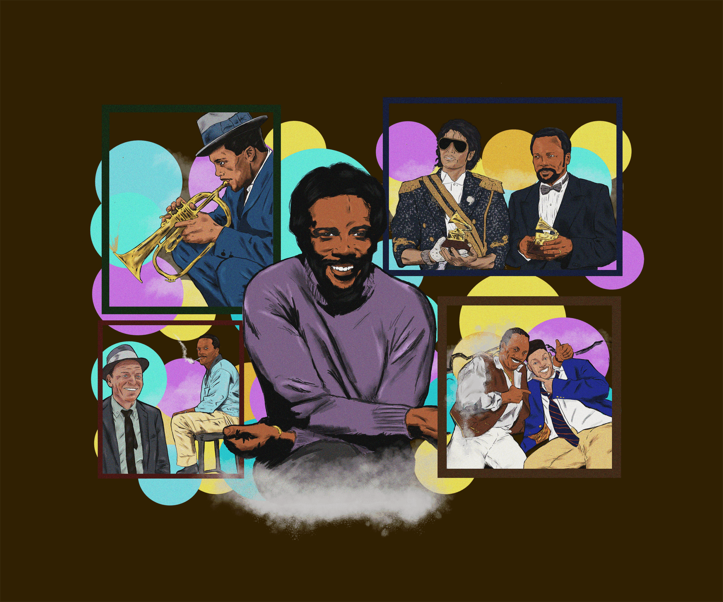 Collage of five musicians playing instruments and singing, with colorful circles in the background.