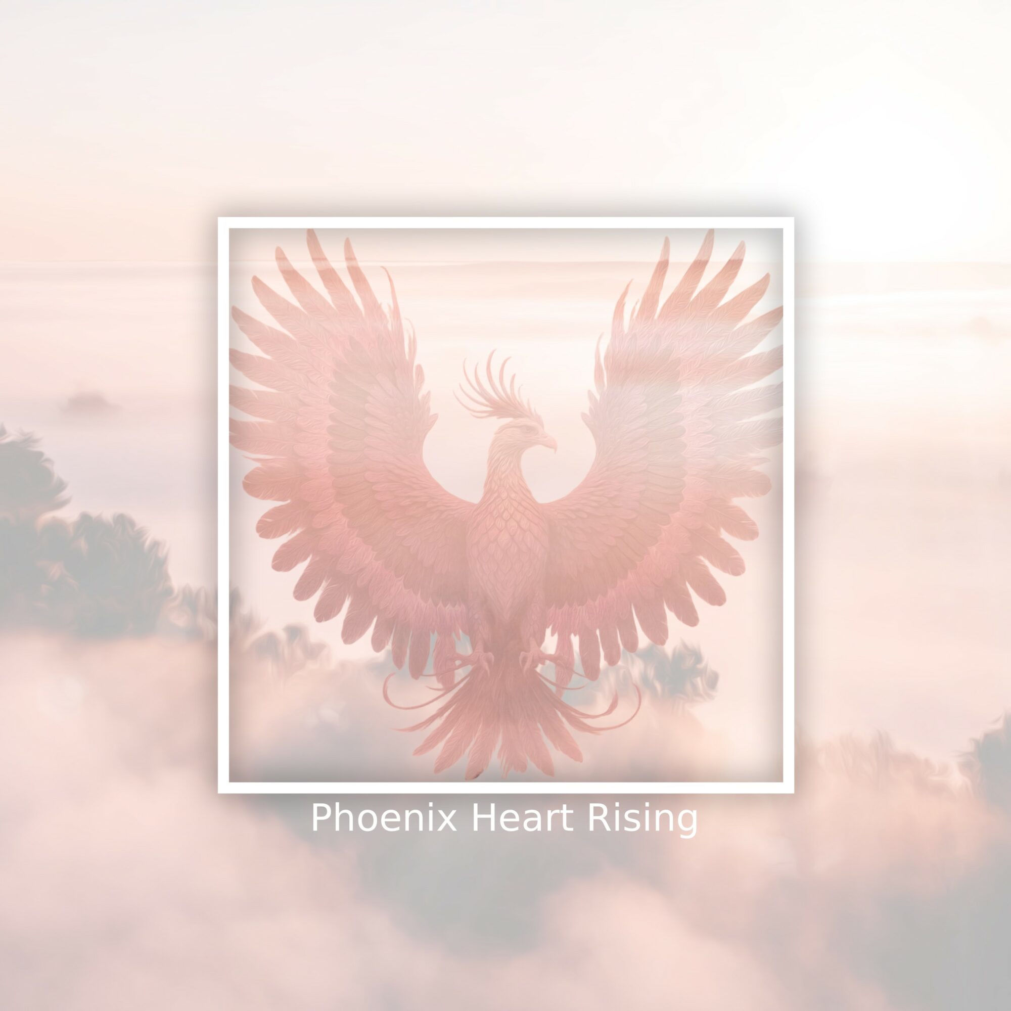 A phoenix with wings spread wide, rising above clouds, with the text 'Phoenix Heart Rising' below.