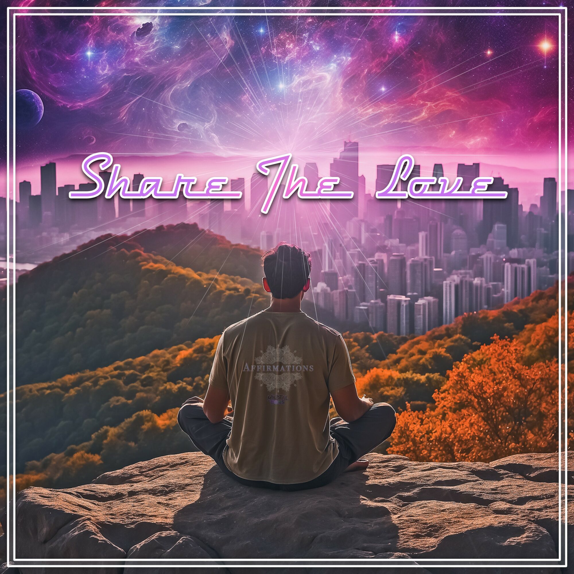 Person sitting cross-legged on a rock overlooking a cityscape with colorful sky and cosmic elements, with text 'Share The Love'.
